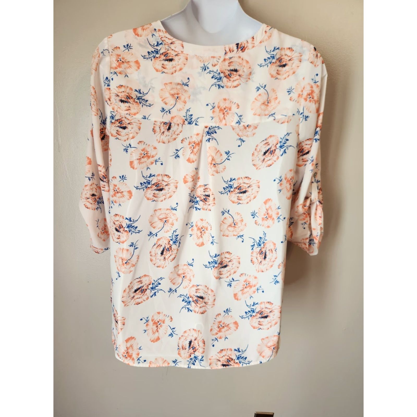 Vintage Daniel Rainn White Floral Print Roll Tab Sleeve Lightweight Top 2X Plus Blouse Women Fashion Dress Shirt Style Casual Formal Size XXL / US 16-18 / IT 52-54 - 6 Thumbnail