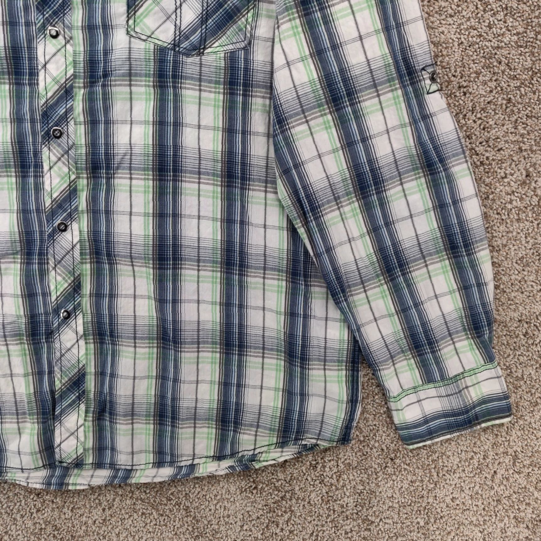 Vintage SKULLY Shirt Mens XL Blue Green Plaid Flannel Button-Up Snap Roll Up Sleeves Long Sleeve Casual Classic Outdoor Western Size US XL / EU 56 / 4 - 5 Thumbnail
