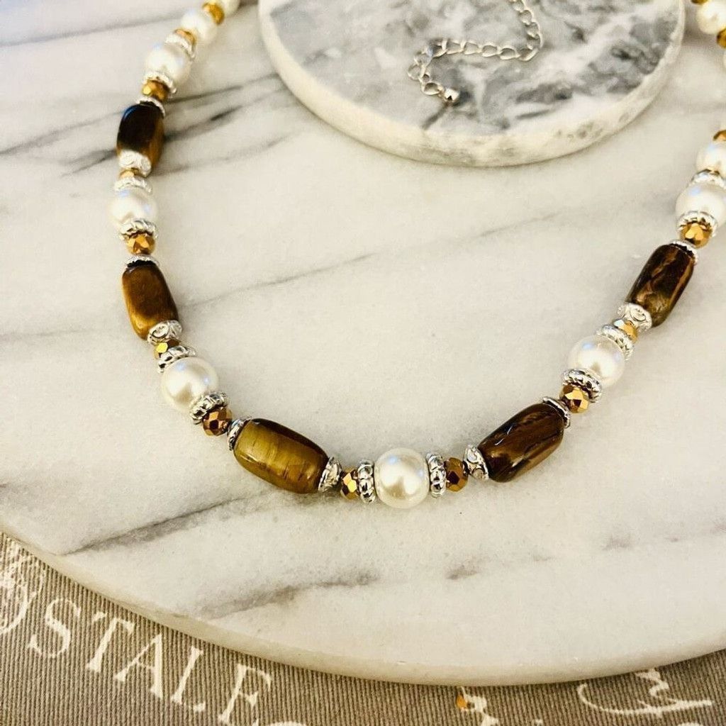 Jewelry Tigers Eye Stone and Simulated Pearl Necklace Beaded Size ONE SIZE - 2 Thumbnail