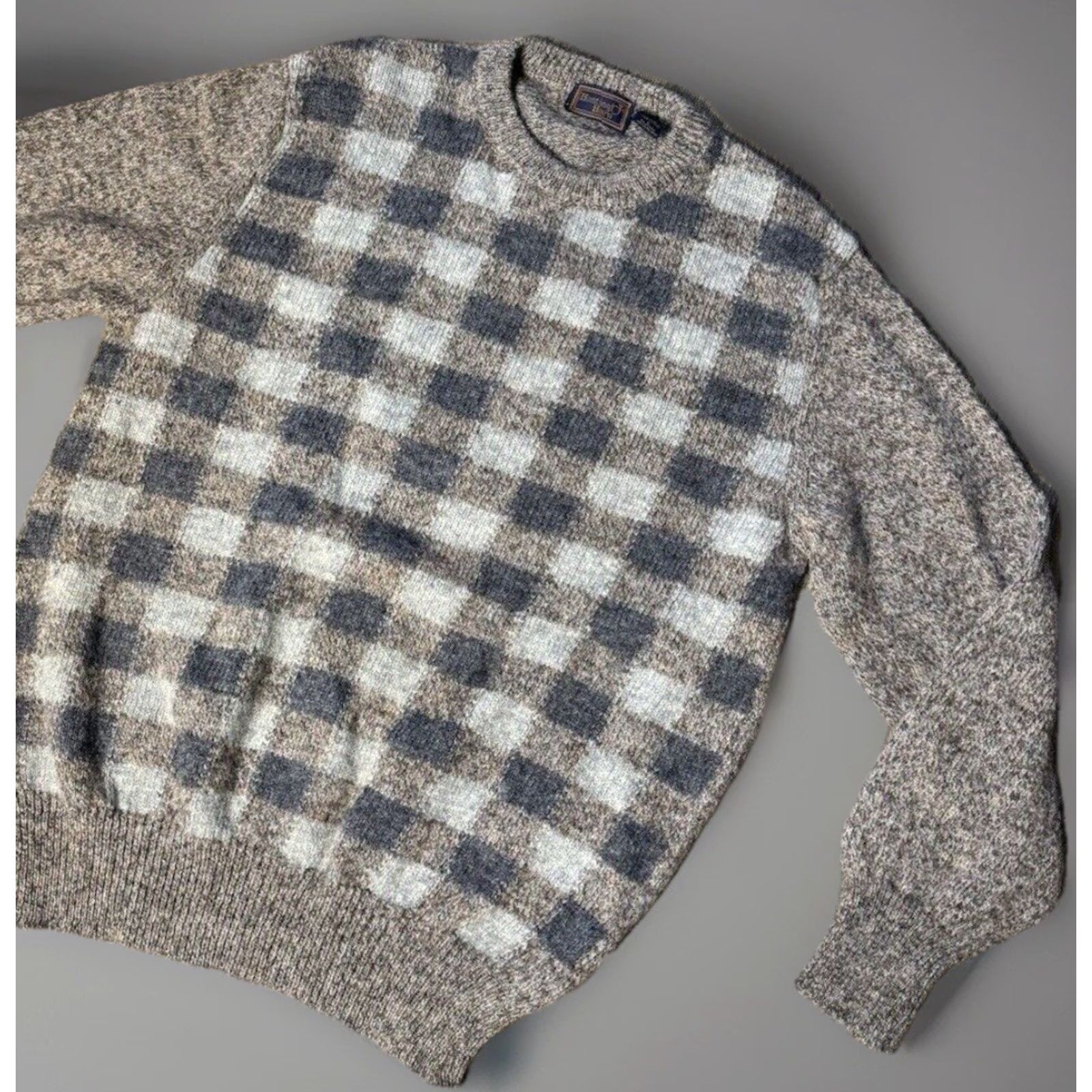 Vintage VINTAGE Hunting Horns Sweater Checkered Knit Wool Italian Made Large Crew Neck Long Sleeve Unisex Adults 90s Gray Size US L / EU 52-54 / 3 - 2 Thumbnail