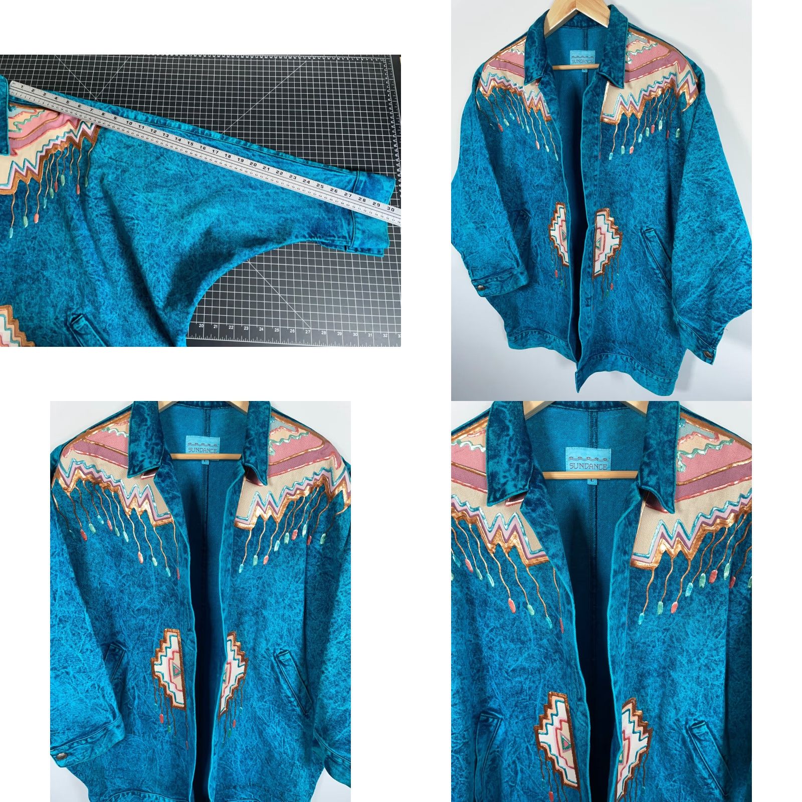 Vintage Sundance Jacket Woman Large Open Front Denim Acid Wash Teal Tribal Geometric 90s Vintage KimonoStyle Oversized Pockets Size L / US 10 / IT 46 - 8 Thumbnail