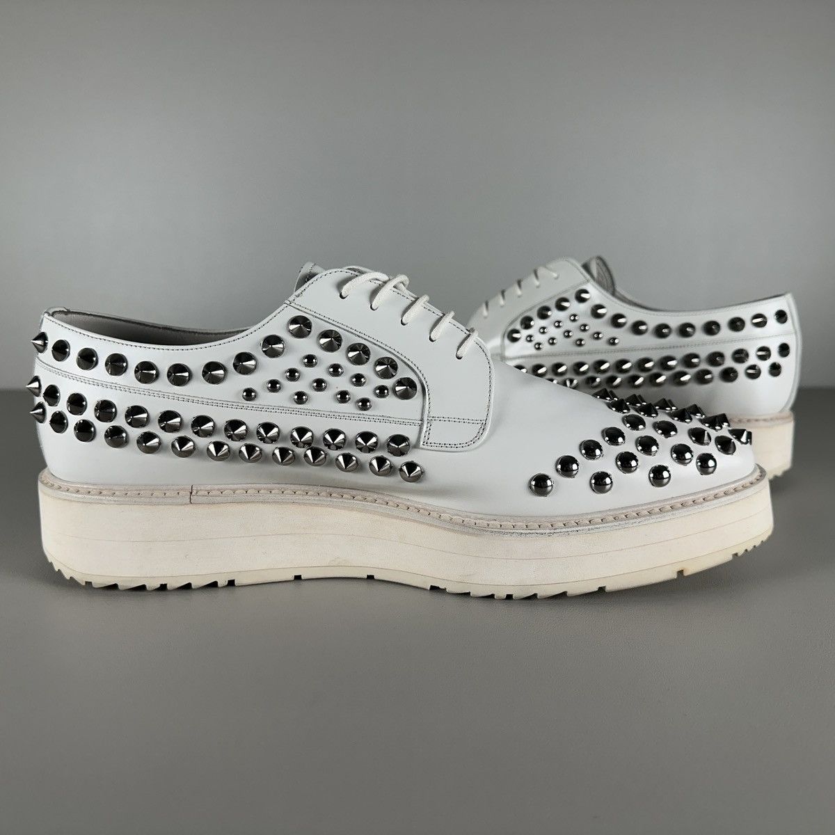 Designer × Prada Iconic PRADA White Spikes Studded Platform Oxfords Size US 11.5 / EU 44-45 - 4 Thumbnail