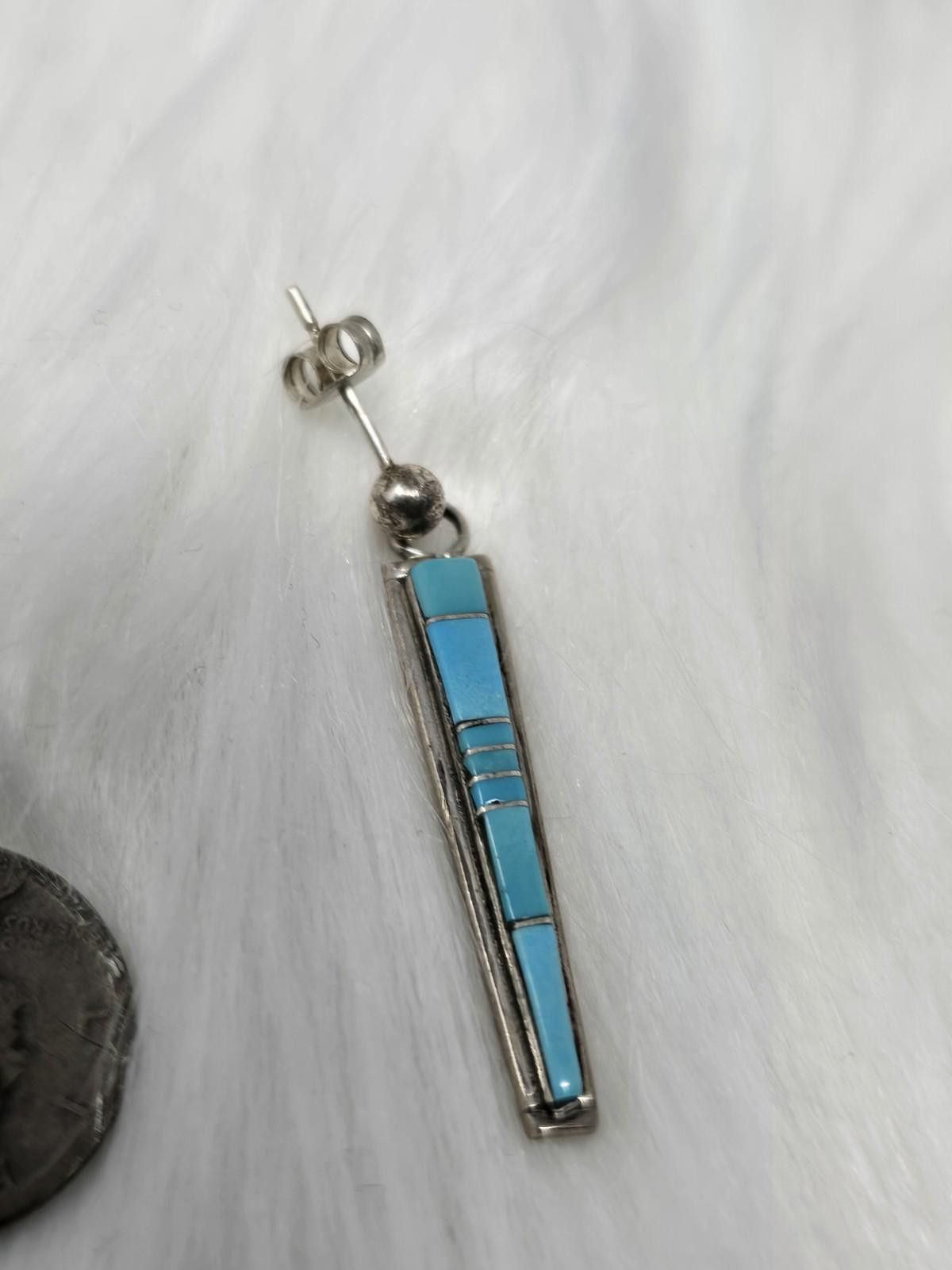 Other Zuni R Natachu Sterling Silver Turquoise Inlay Drop Earrings Size ONE SIZE - 8 Thumbnail
