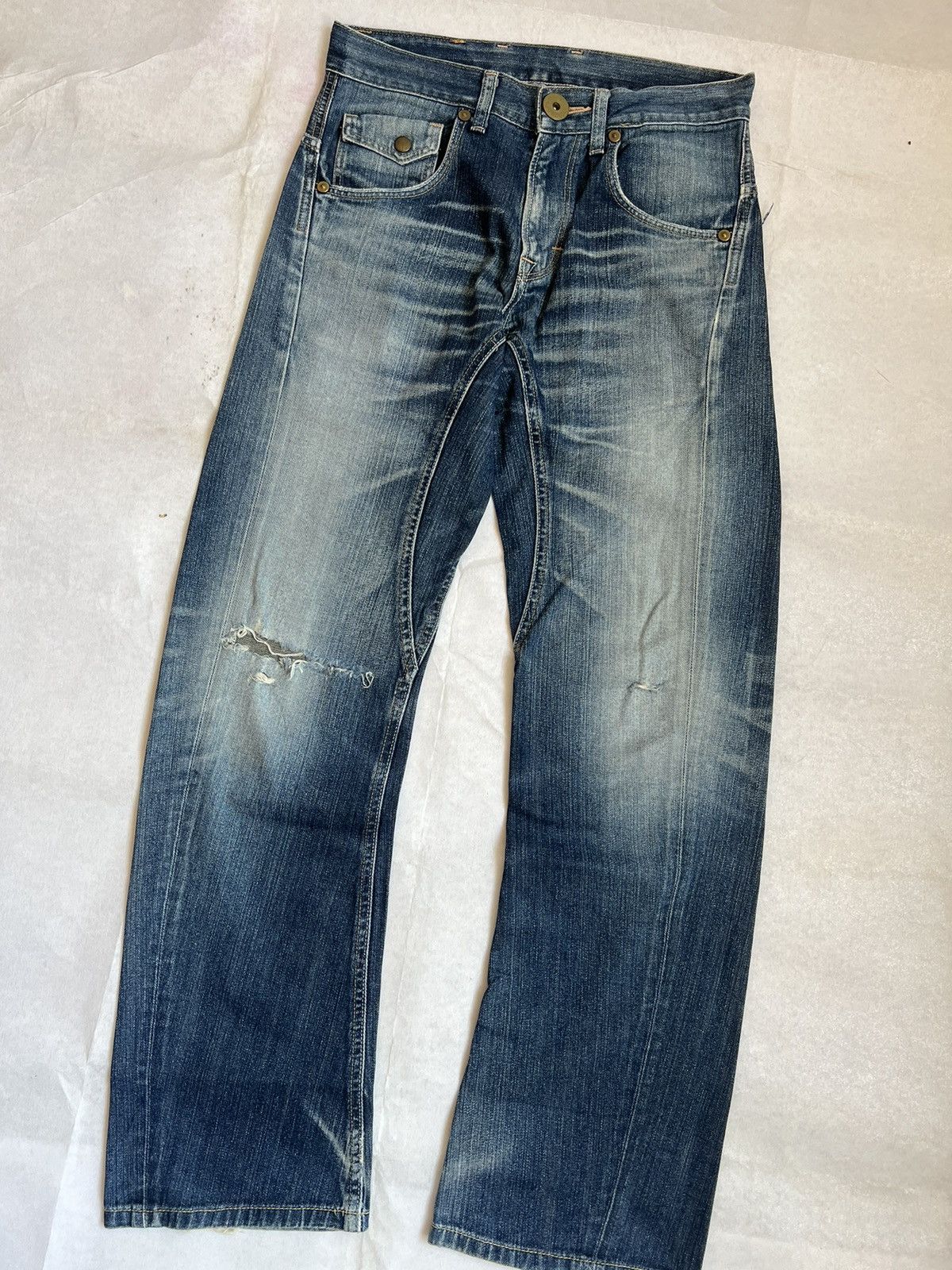 Lee Lee Cowboy Buckle Back Blue Wash Fading Distressed Denim Size US 31 - 5 Thumbnail