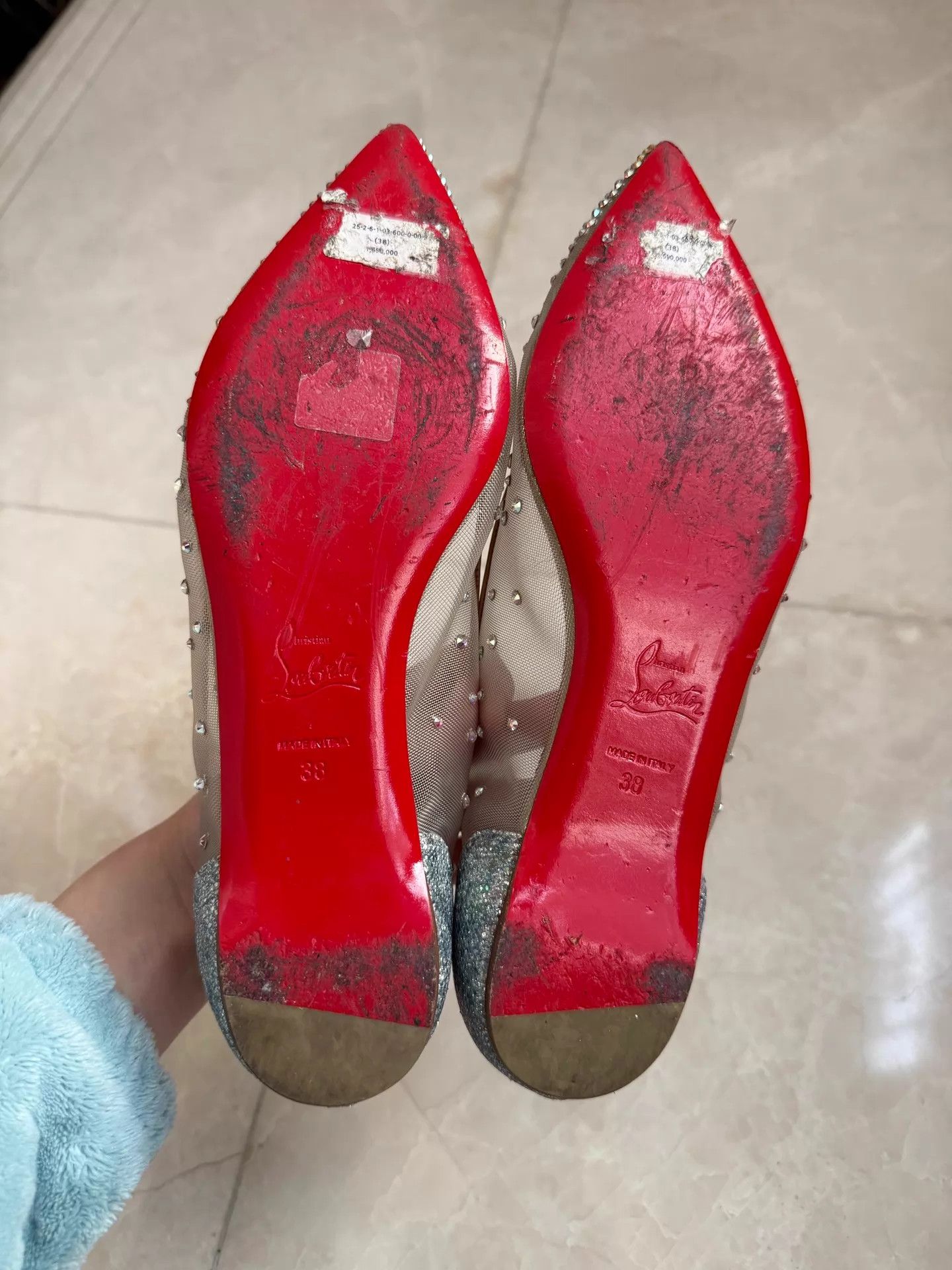 Christian Louboutin CL Wmns Nude Pointed Toe Tulle Crystal Flats 38 (Worn 1-2x) Size US 7.5 / IT 37.5 - 4 Thumbnail