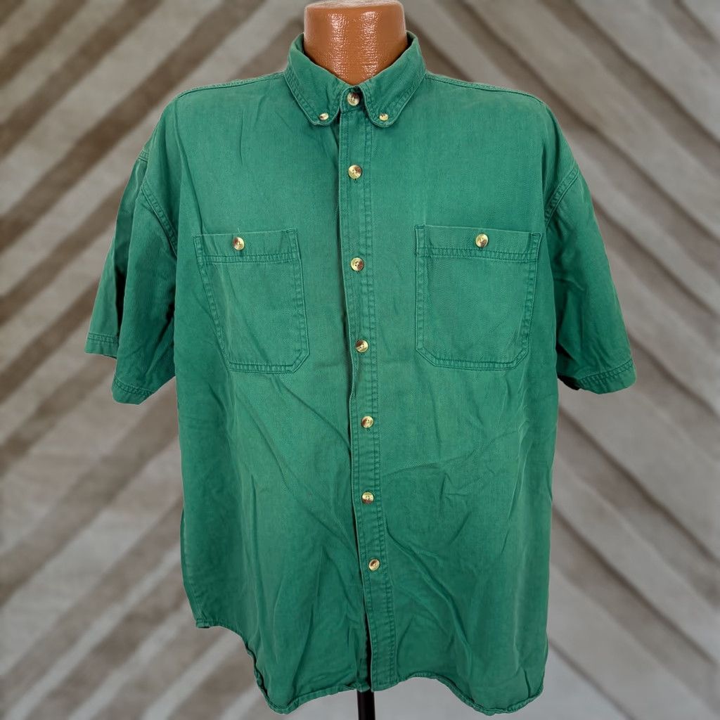 Faded Glory VINTAGE 90s Faded Glory Shirt Men XL Green Cotton Twill Button-Up Short Sleeve Regular Shadowed Sturdy Midweight Pockets 90s Theme Mens Size US XL / EU 56 / 4 - 1 Thumbnail