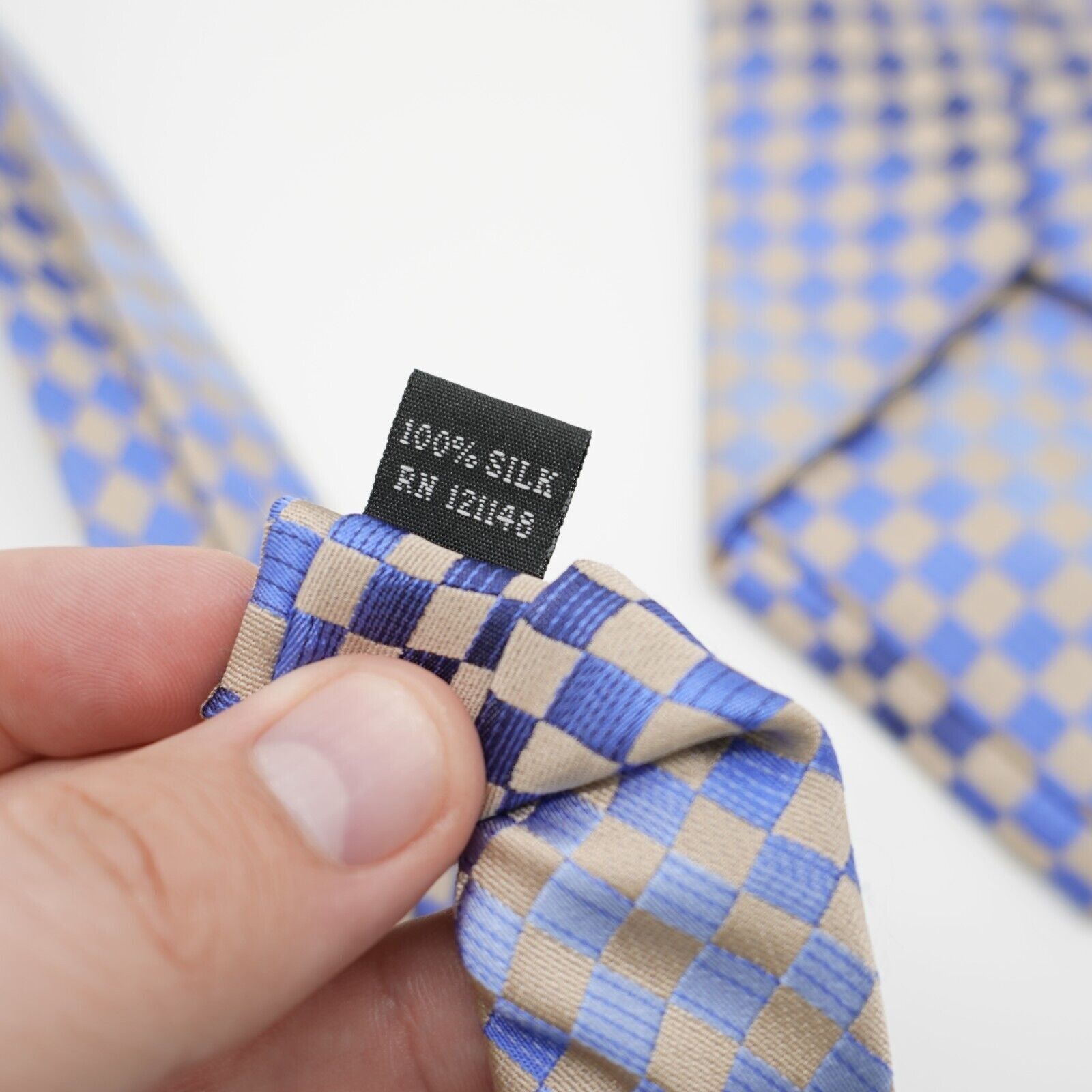 Calvin Klein Calvin Klein Blue Tan Woven Checkerboard Long Silk Tie Size ONE SIZE - 5 Thumbnail