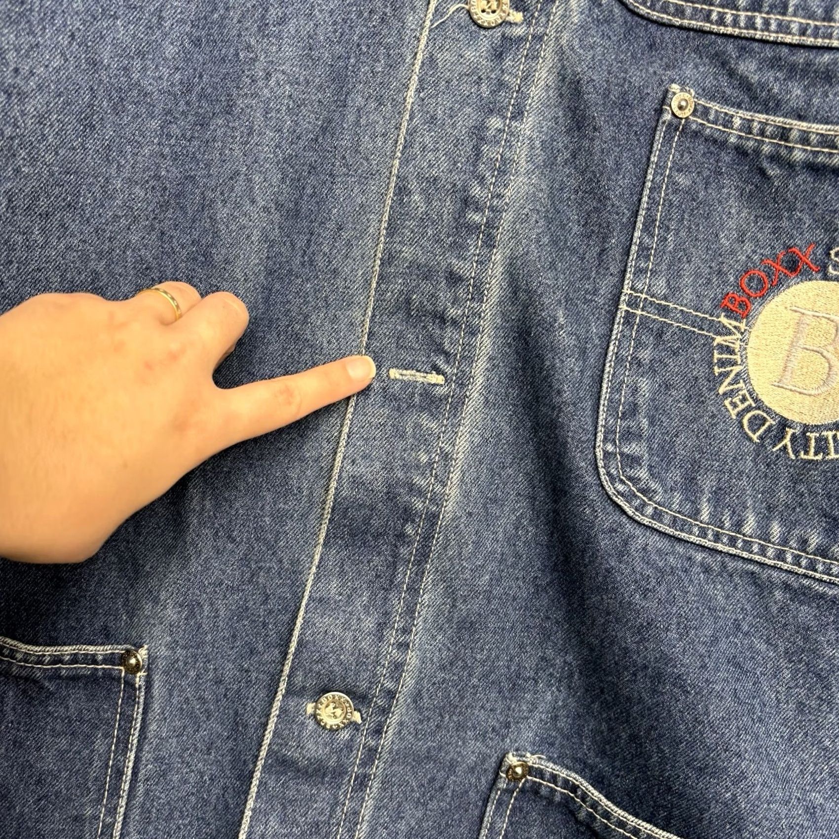 Vintage VINTAGE Boss Boxx Jacket Mens L Denim Blue 90s Retro Workwear Coat Jacket Cotton Lining Button Pocketed Regular Mens Size US 33 - 3 Thumbnail