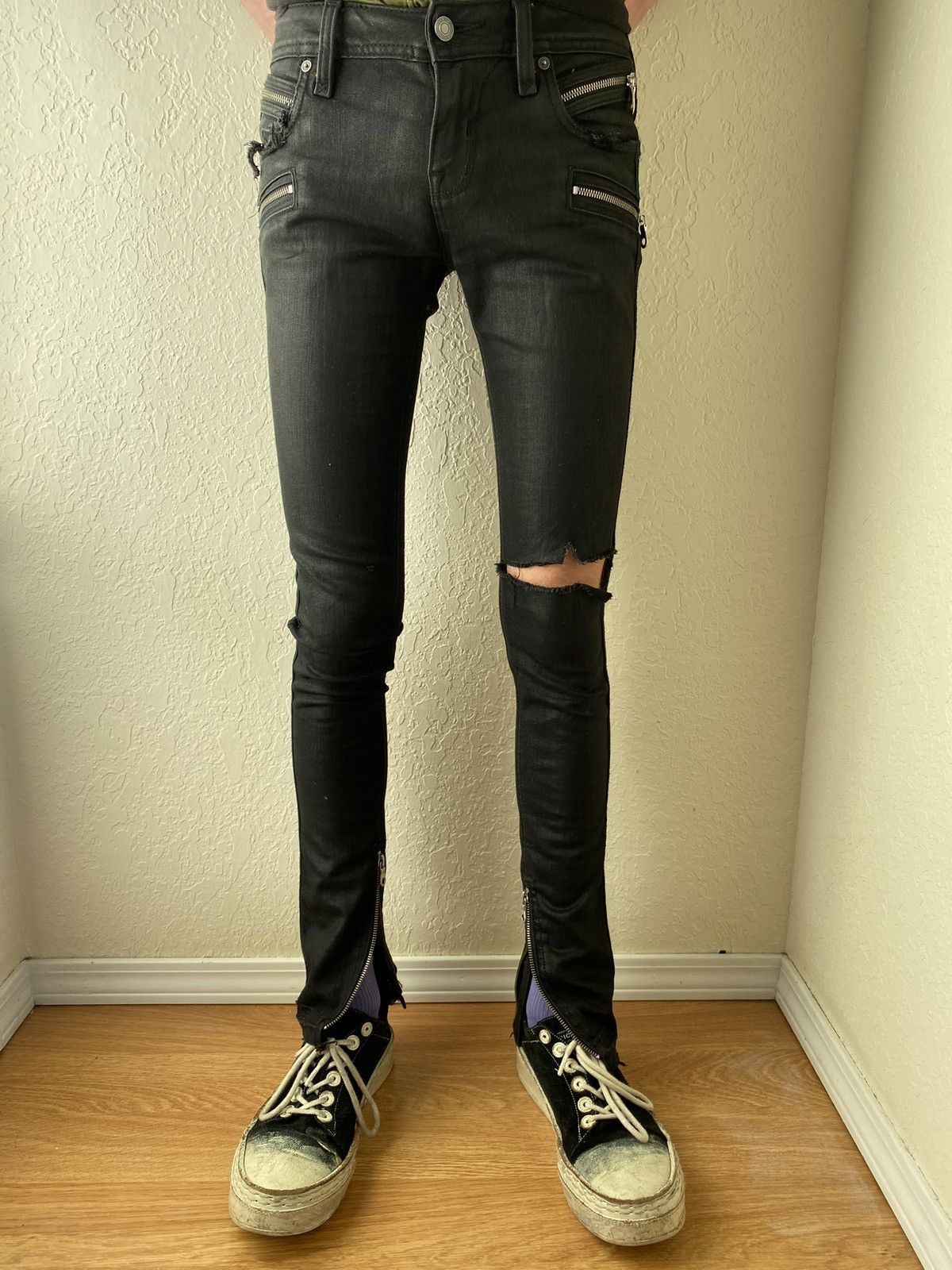 Rock Revival Mens black Rock Revival distressed Moto Skinny Jeans- Flared Size US 28 / EU 44 - 2 Thumbnail