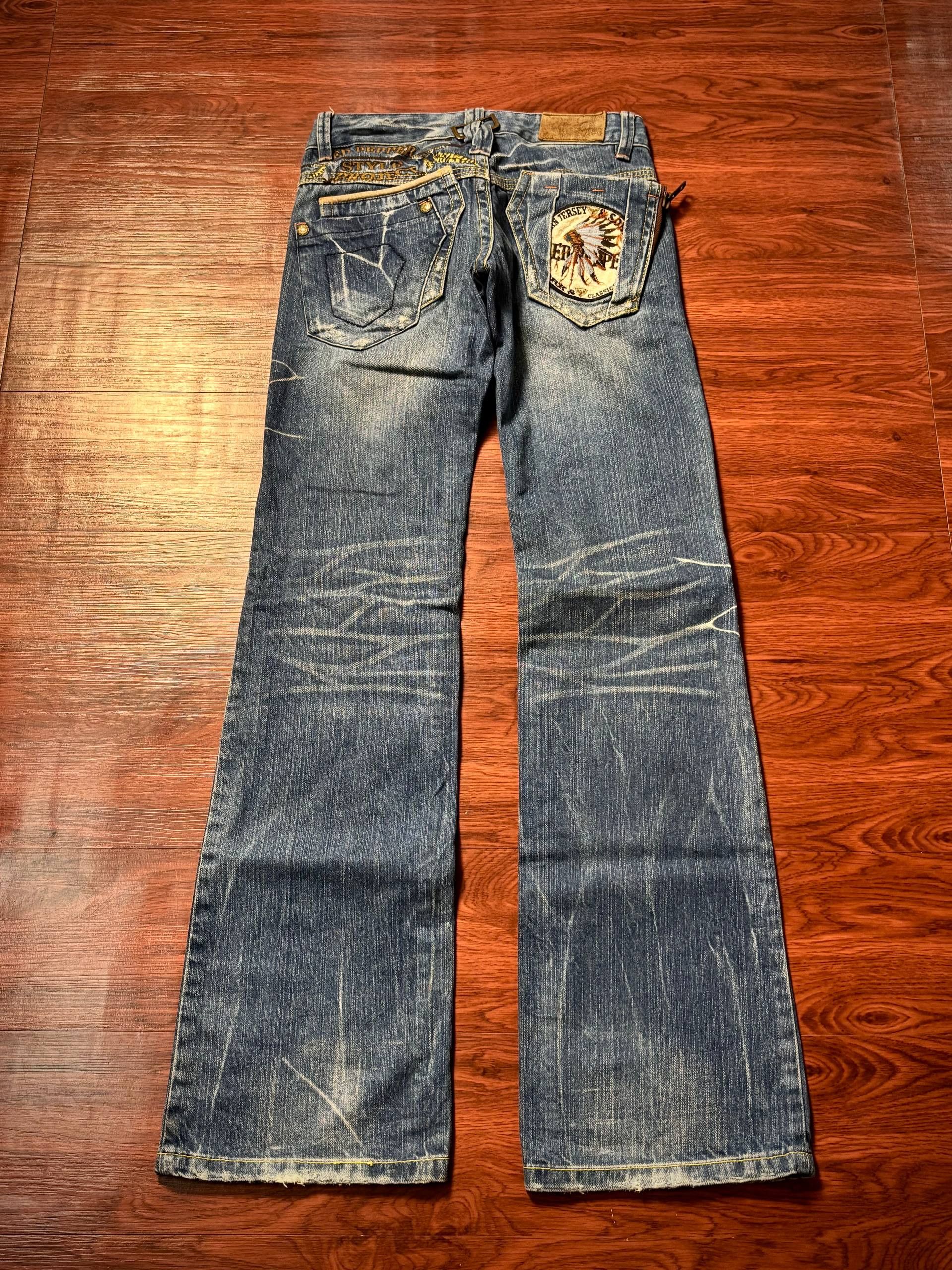 Issey Miyake Vintage Y2K Red Pepper Tribal Patch Flare Denim Pants Size 29" - 1 Thumbnail