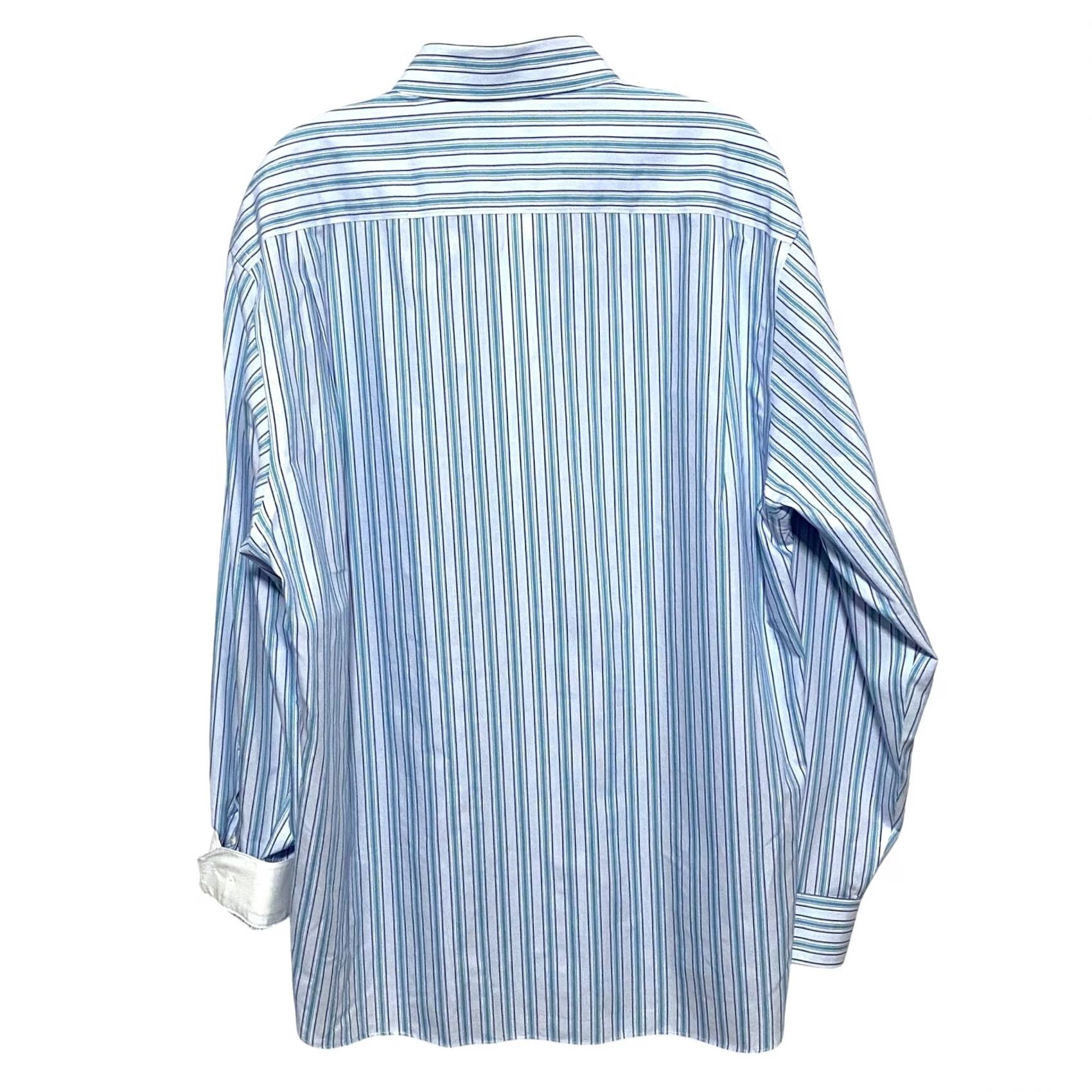 Vintage Paul Fredrick Non Iron Trim Fit Blue Striped Dress Shirt Mens 17 34-35 Career Size 46R - 3 Thumbnail