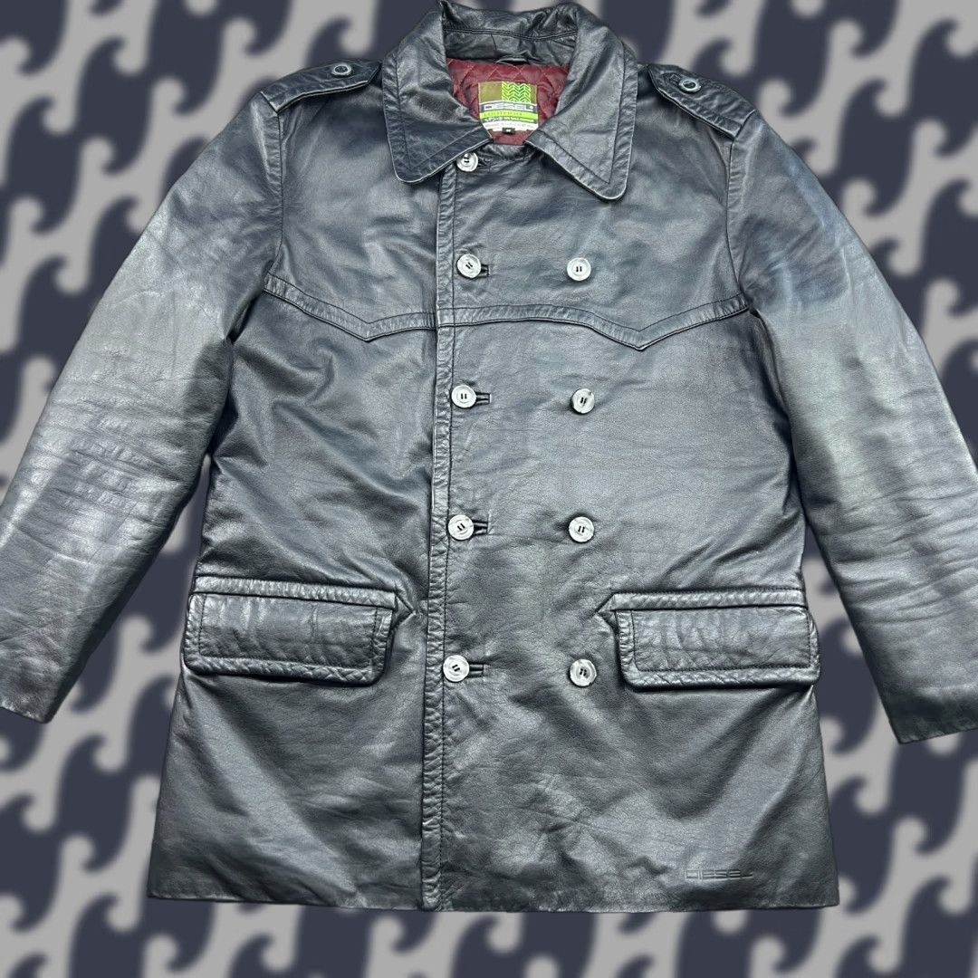 VINTAGE Diesel Double Brest Mens Leather Jacket Small Black Lined Y2K Trench Jacket Mens Leather Black Lined XS S Regular Vintage not applicable