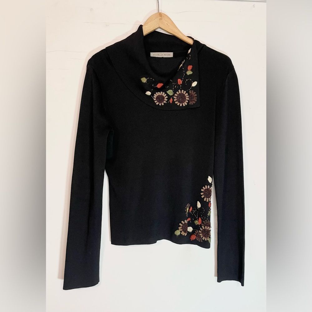 Other Michelle Renee Ribbed Slinky Black Embroidered Collared Blou Size L / US 10 / IT 46 - 1 Thumbnail