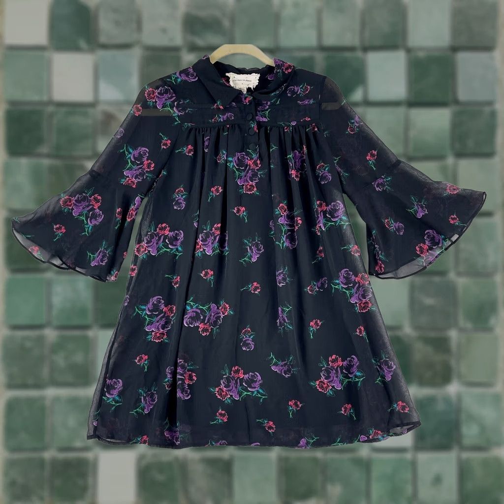 Vintage Coincidence & Chance Black Floral Chiffon Swing Dress Womens S Bell Sleeve XS? Size S / US 4 / IT 40 - 1 Thumbnail