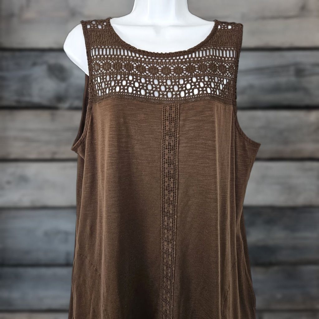 J. Jill J Jill Womens Dress Solid Brown Crochet Lace Pockets Cotton Blend Size L Sleeveless Knee Length Pullover Shift Vintage No N/A Women Size L / US 10 / IT 46 - 1 Thumbnail