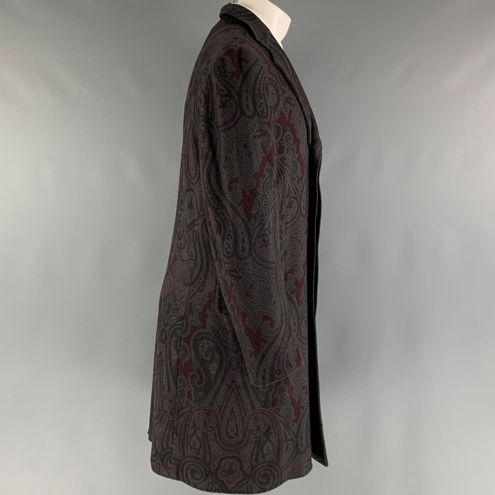 ETRO Size 40 Grey Burgundy Paisley Wool Polyamide Coat