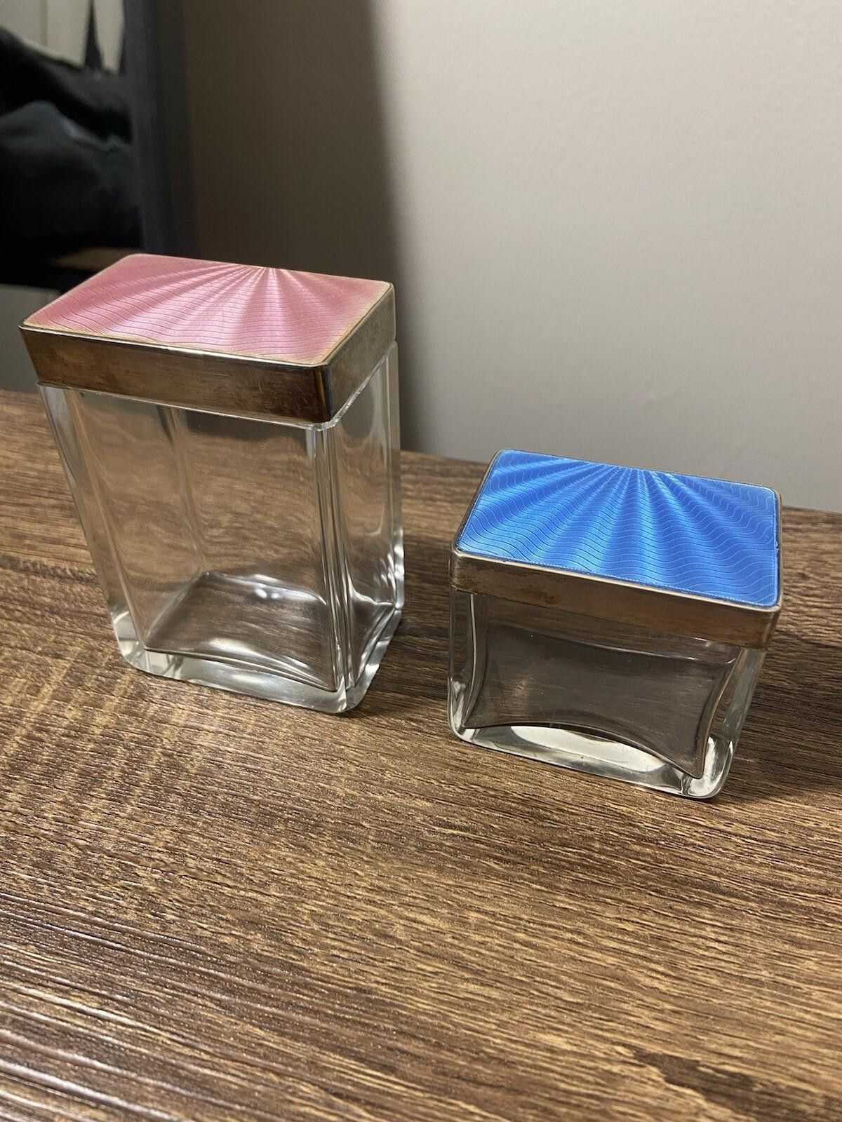 Designer Antique 925 Sterling Silver blue pink guilloche glassjar set Size ONE SIZE - 1 Thumbnail