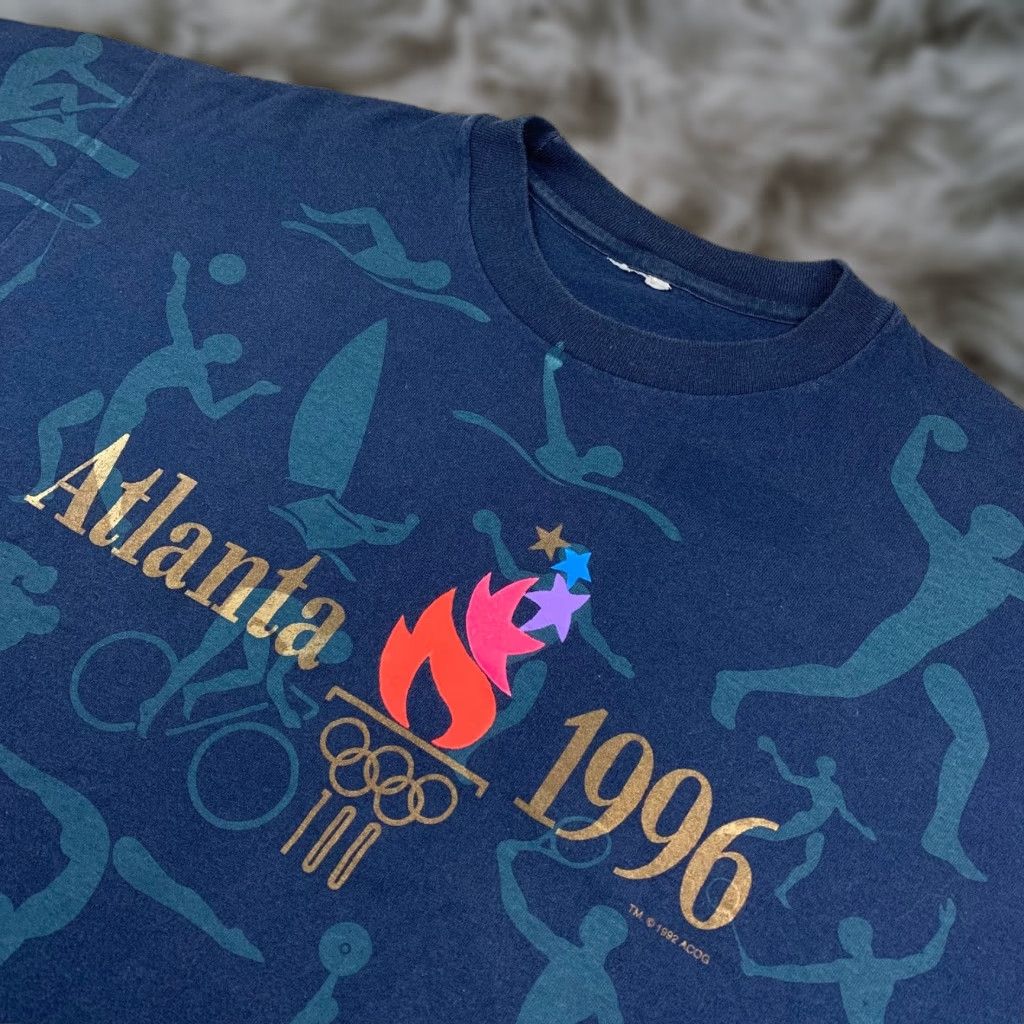 VINTAGE 1996 Olympics Atlanta Men's S/S T-Shirt Blue Large Single Stitch Graphic Tee Cotton Unbranded Unisex Shirt Mens