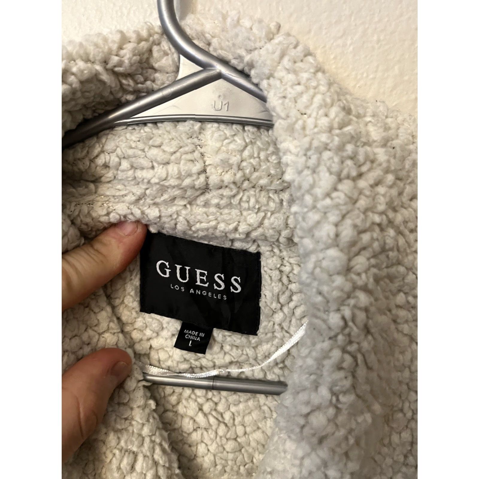 Guess VINTAGE GUESS Faux Shearling Jacket Womens Large Y2K Gray Sherpa Lined Motorcycle Leather Jacket Cre am L Womens? Size L / US 10 / IT 46 - 2 Thumbnail