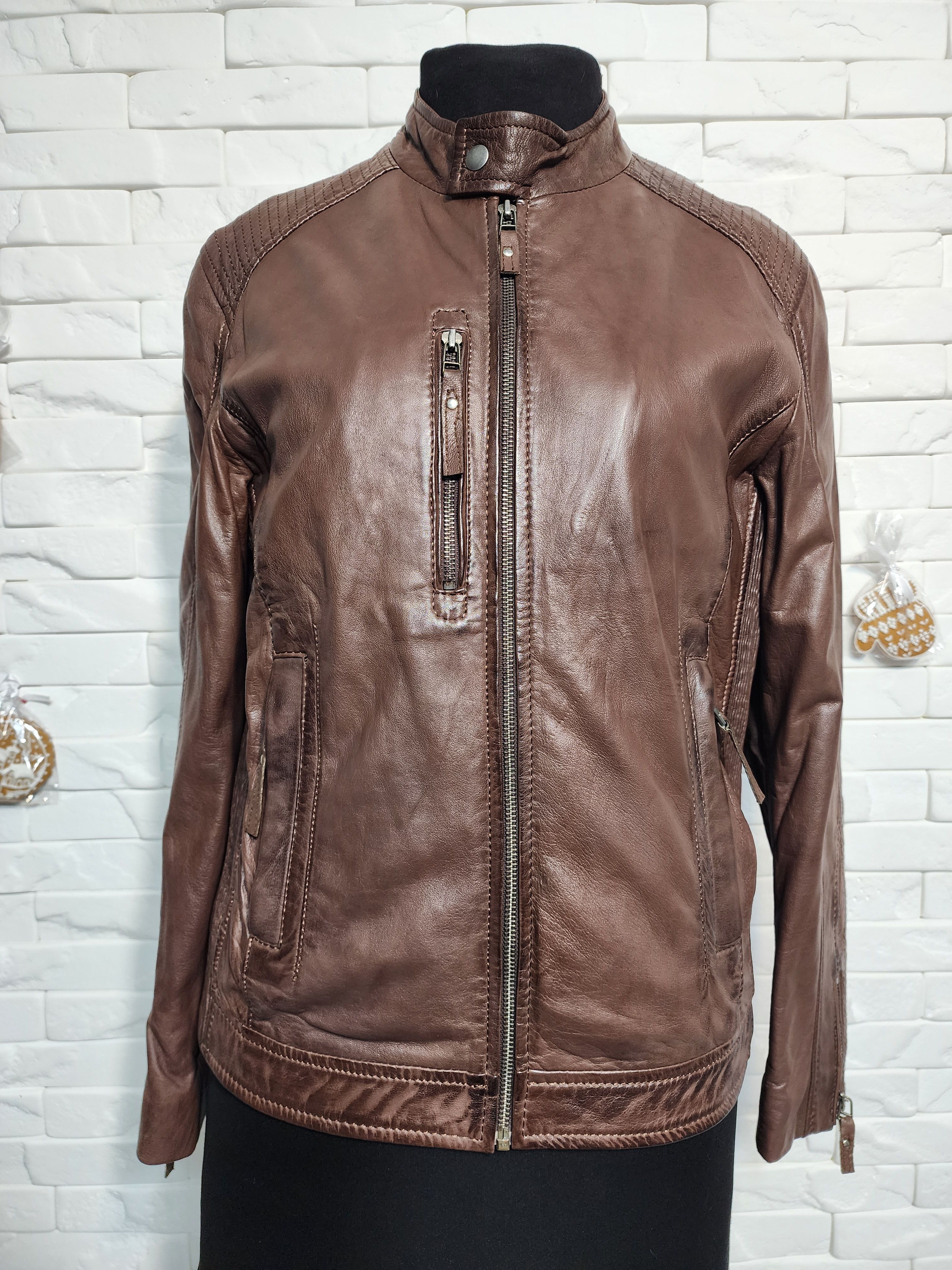 Other Brown Leather Jacket: Men's Zippered Bomber with Pockets Size US M / EU 48-50 / 2 - 1 Thumbnail