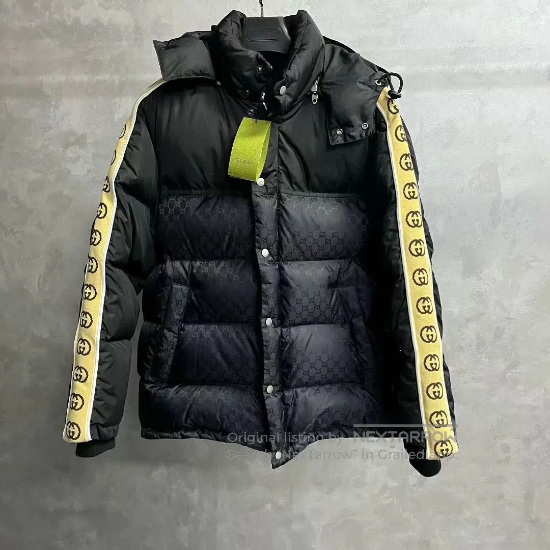 gucci black printed nylon hooded puffer jacket.