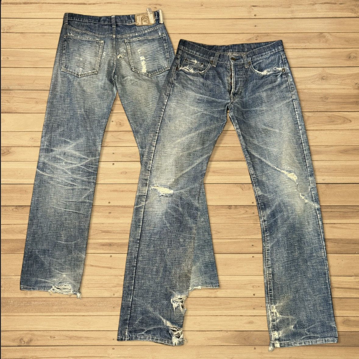 Indigo 🔥🇯🇵 Vintage 90s Crazy Distressed KU Handcraft Raw Denim Size US 31 - 1 Thumbnail