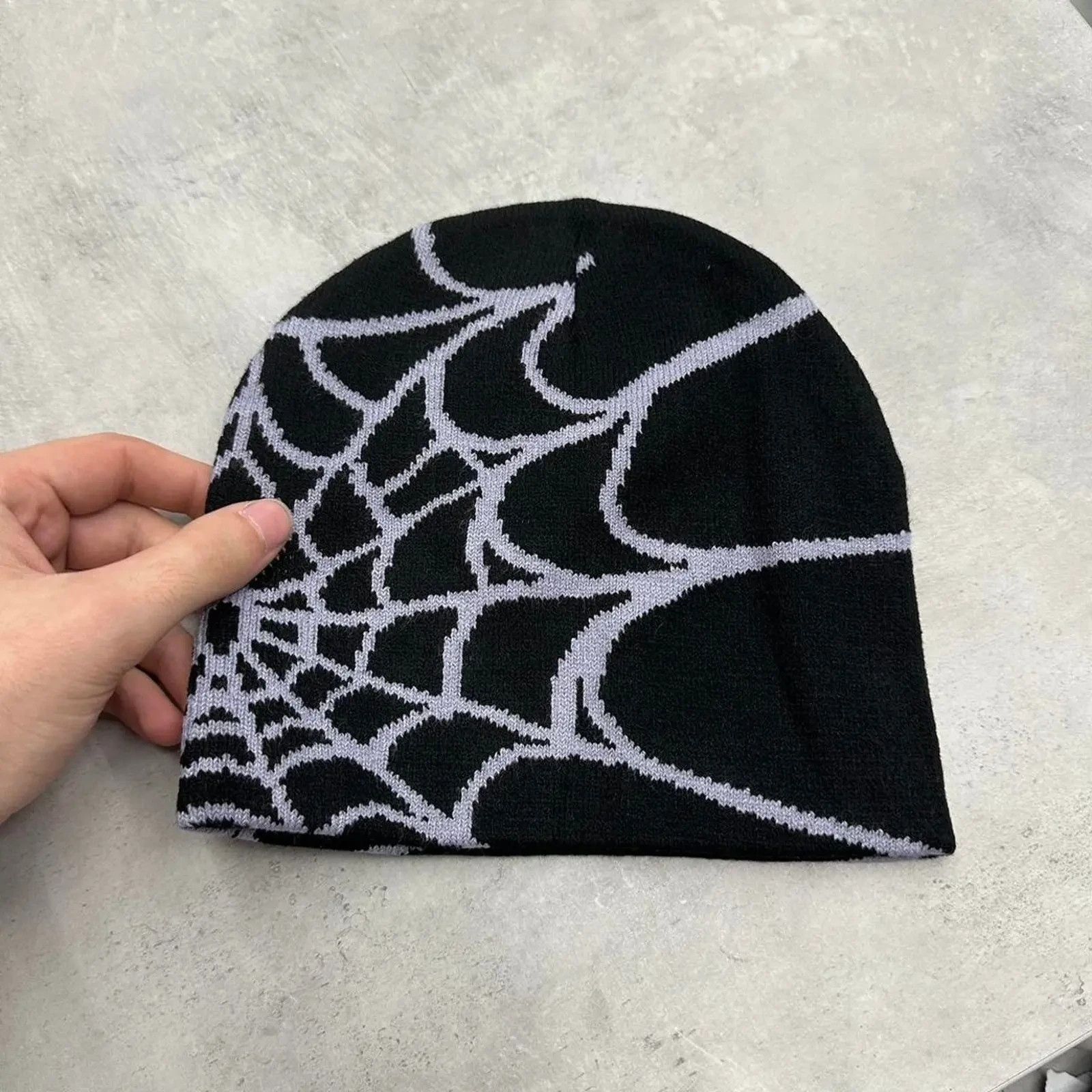 Other Vintage Style Black and Grey Spider Web Beanie Hat Mens Size ONE SIZE - 1 Thumbnail