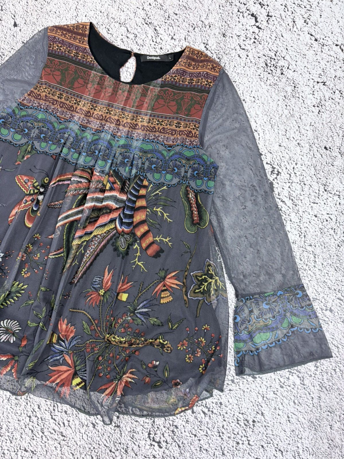 Jean Paul Gaultier Desigual Mesh Long Sleeve Boho Top Floral Graphic Print L Size L / US 10 / IT 46 - 3 Thumbnail