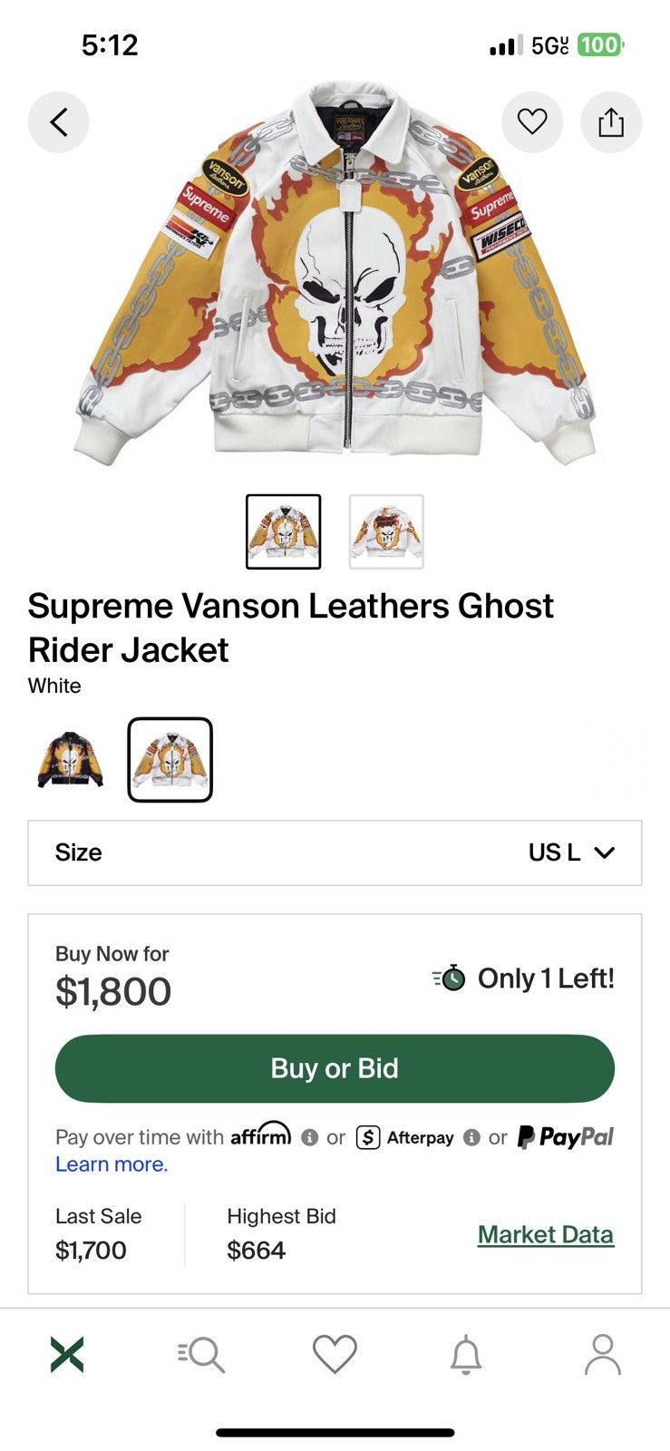 Supreme × Vanson Leathers Supreme x Vanson Leathers Ghost Rider Leather Jacket (White) Size US M / EU 48-50 / 2 - 23 Thumbnail