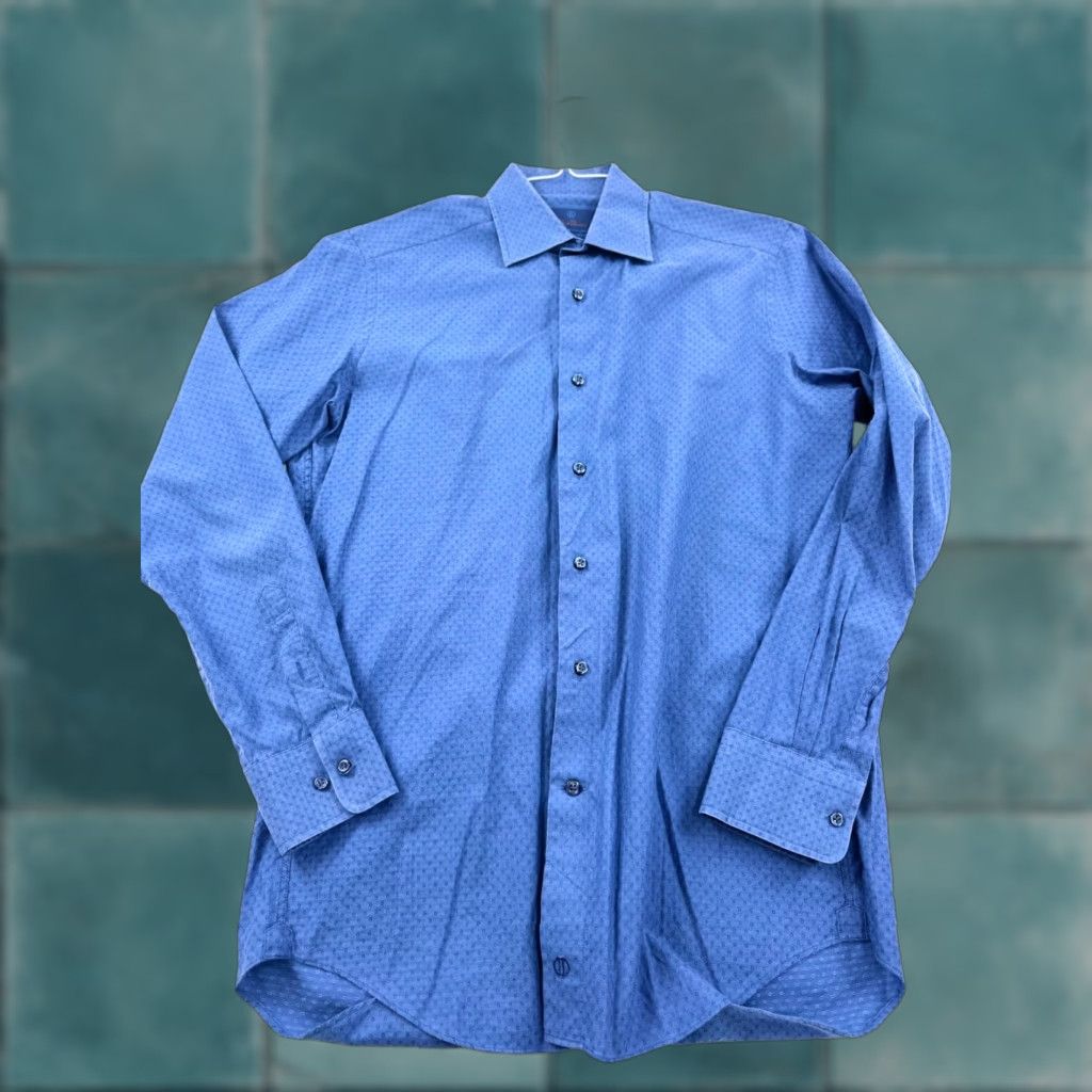 David Donahue David Donahue Shirt Mens 16 Blue Polka Dot Dress Trim Fit Long Sleeve Button Up Size 42R - 1 Thumbnail