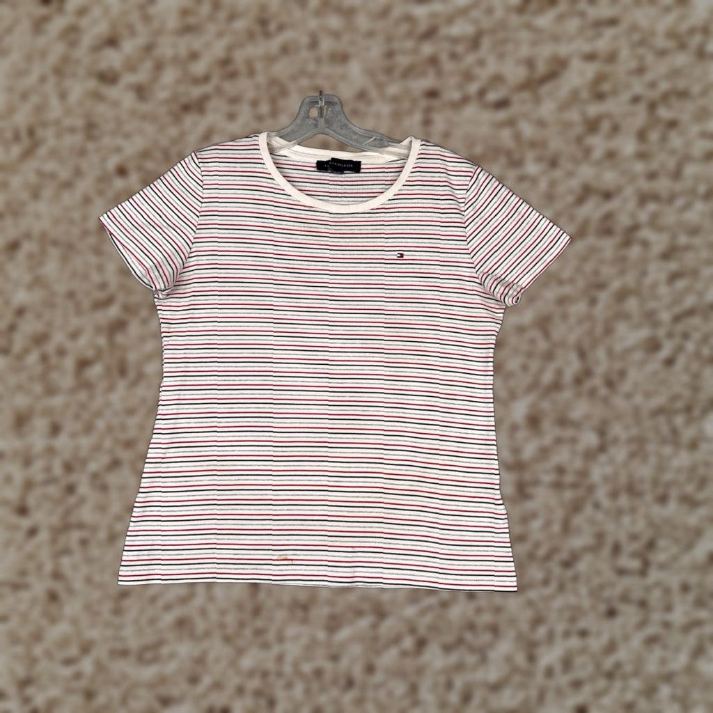 Tommy Hilfiger VINTAGE Tommy Hilfiger Shirt Women L Red Gray Stripe Crew Cotton Short Sleeve Logo, 90s, Designer, American, Casual Womens Size L / US 10 / IT 46 - 1 Thumbnail