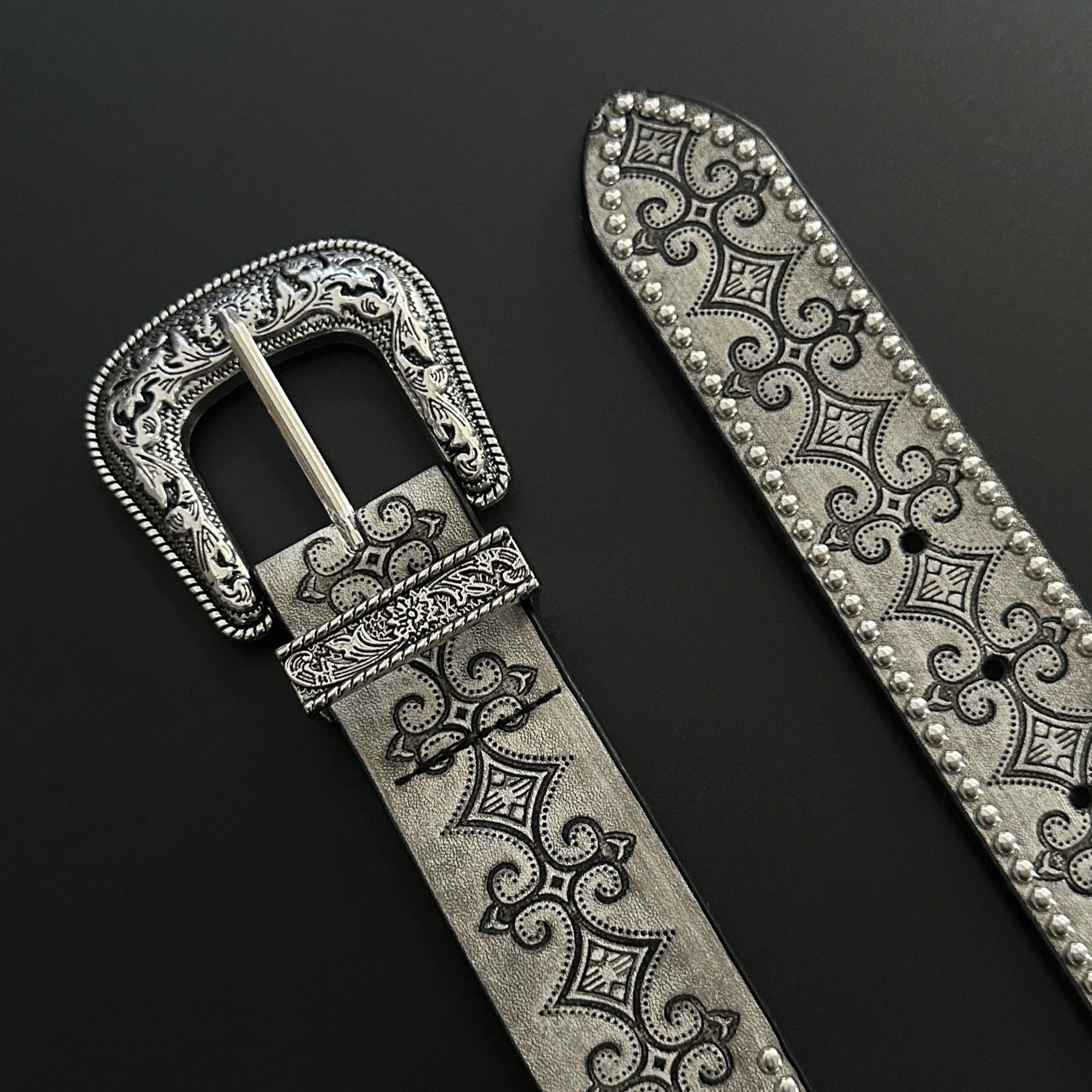 Jewelry Studded Leather Belt with Grey Floral Patterns Size ONE SIZE - 4 Thumbnail