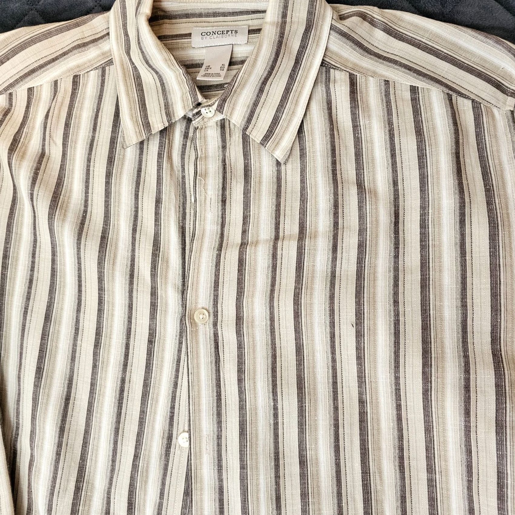 Vintage CONCEPTS BY CLAIBORNE Shirt XL Beige Striped Long Sleeve Button-Up Cotton Linen Size US XL / EU 56 / 4 - 3 Thumbnail