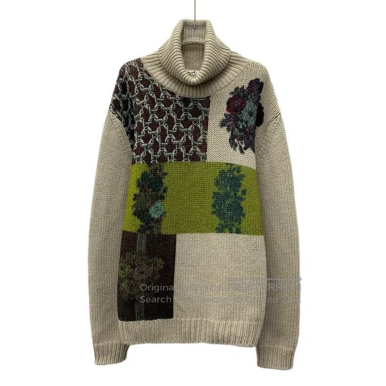 Hermes Hermes Color Block Floral Intarsia Cashmere High Neck Long Size US L / EU 52-54 / 3 - 1 Thumbnail