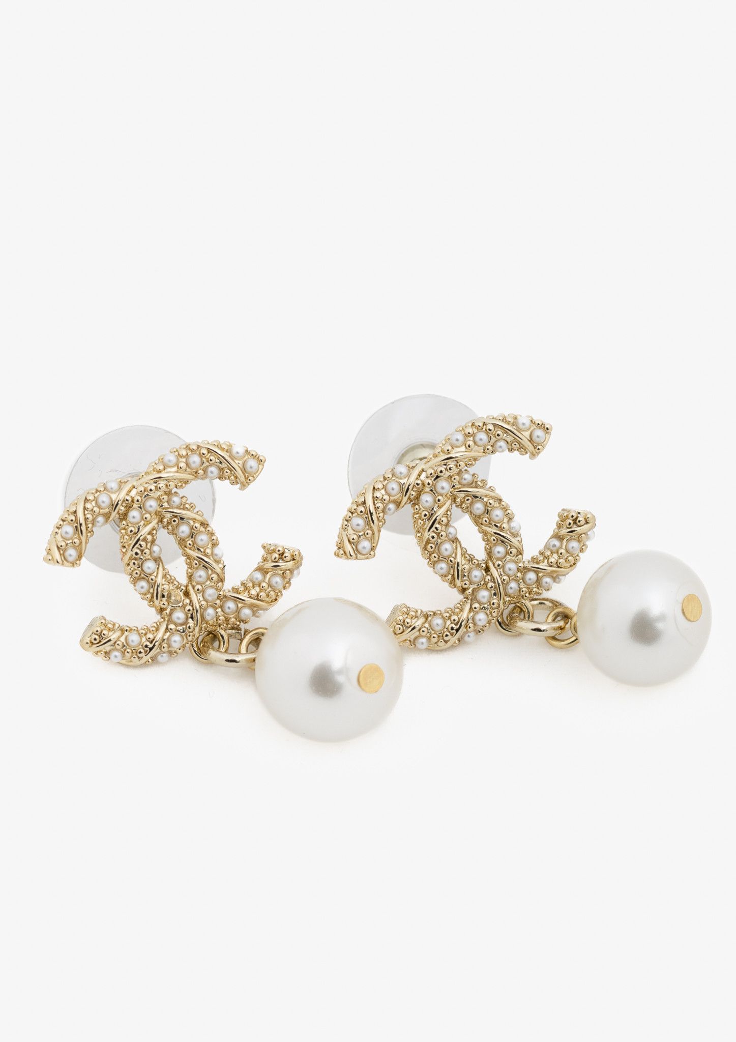 Chanel Chanel D22 Pearl-Embellished CC Dangling-Charm Stud Earrings Size ONE SIZE - 1 Thumbnail