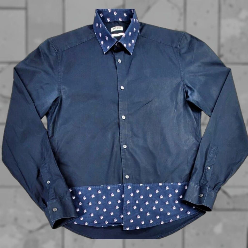 Kenzo KENZO Paris Blue Button-Up Geometric Long Sleeve Mens Shirt 39 Slim Fit Size US L / EU 52-54 / 3 - 1 Thumbnail