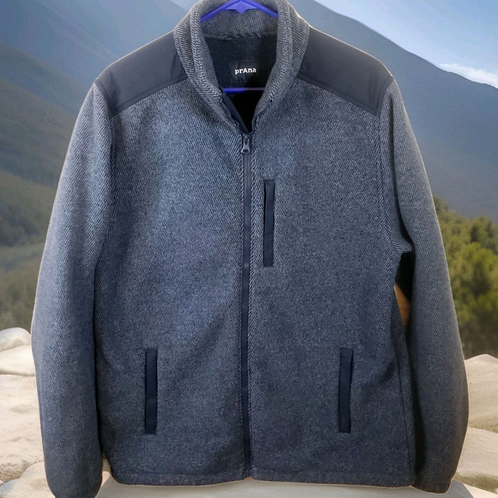 Prana Prana Men’s Full Zip Fleece Jacket Navy & Gray Herringbone Sherpa Zipper Pocket Pattern Comfort Casual Outdoor Cold Weather Size US L / EU 52-54 / 3 - 2 Thumbnail
