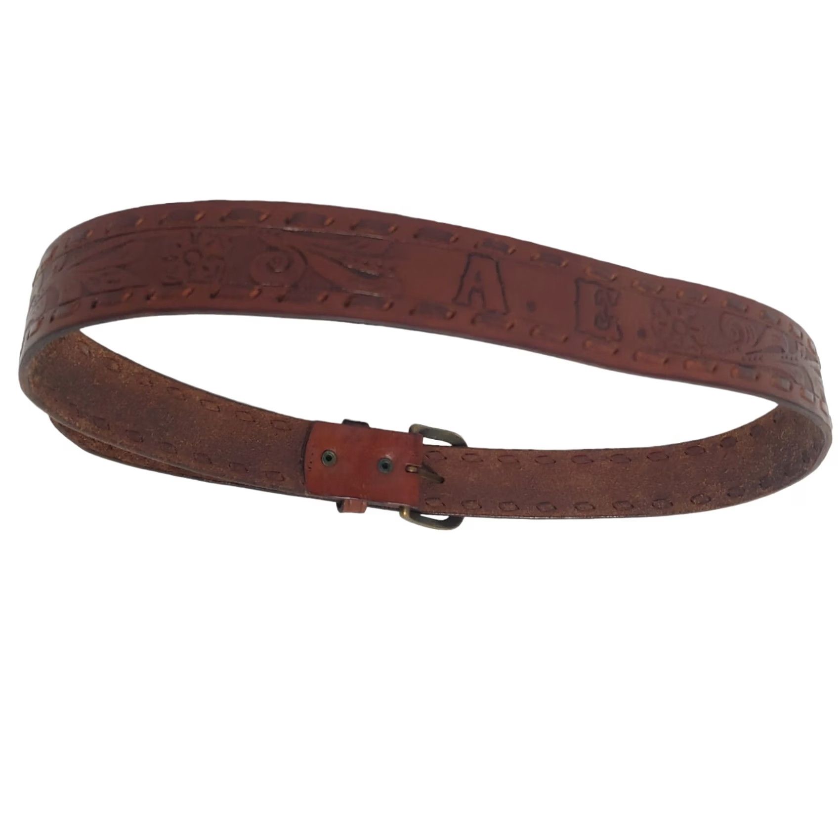 American Eagle Outfitters VINTAGE American Eagle Belt Tooled Leather Brown Floral Boho Unisex 31-35" Waist 1 3/8" Adjustable Womens Girls Mens Size ONE SIZE - 3 Thumbnail