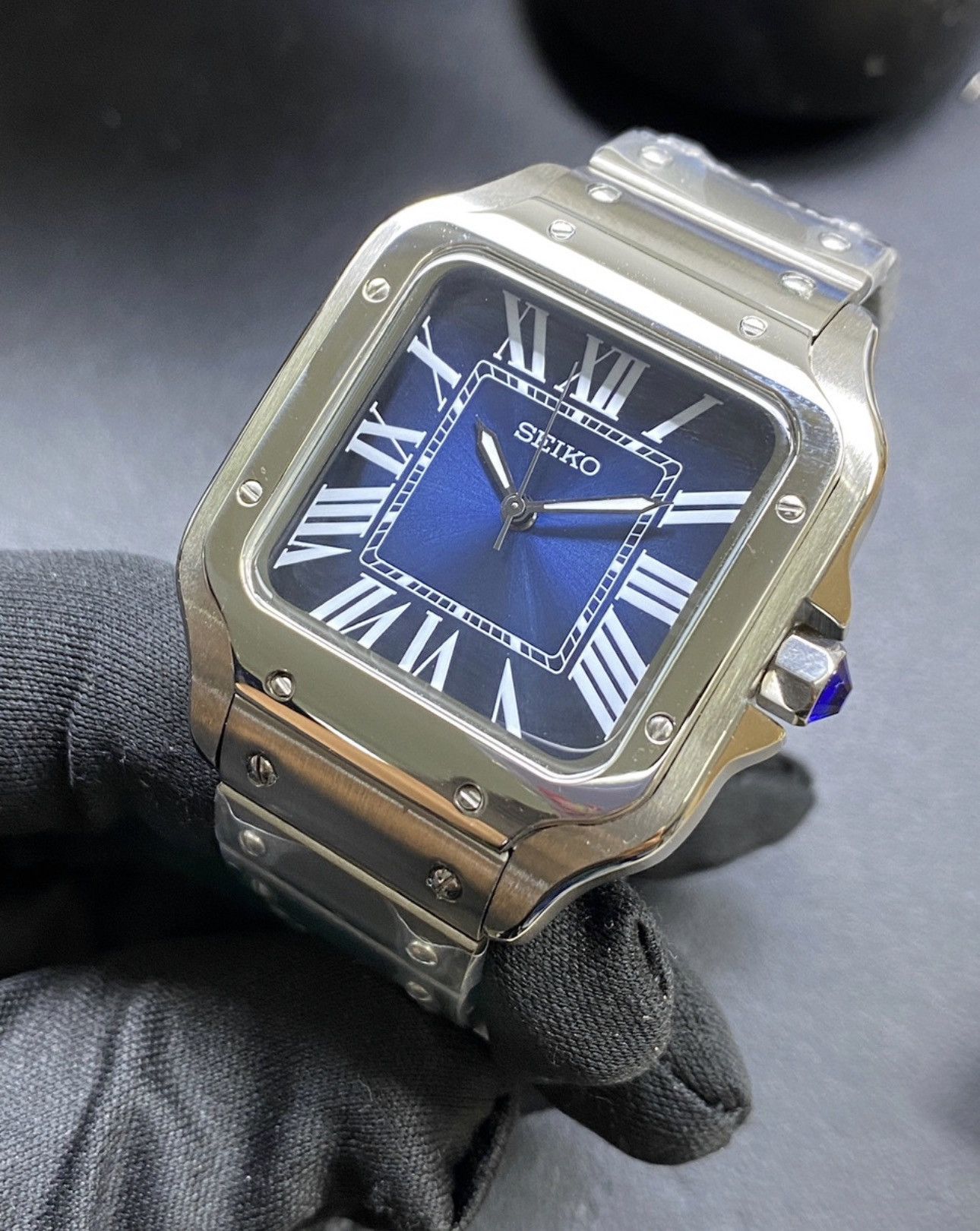 Seiko Mod Santos Blue Roman Dial Steel Watch NH35 41mm