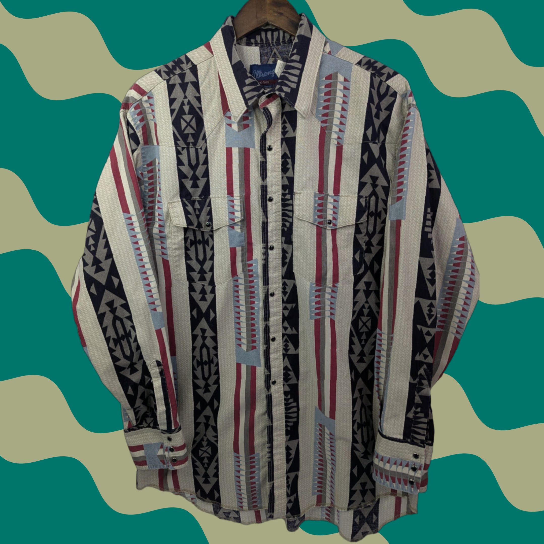 Wrangler VTG Wrangler Shirt Mens 17x36 X-Long Tails Single Needle Western Aztec Cowboy Beig​e Geometric Pearl Snap Button-Up Casual Mens Size US XL / EU 56 / 4 - 1 Thumbnail
