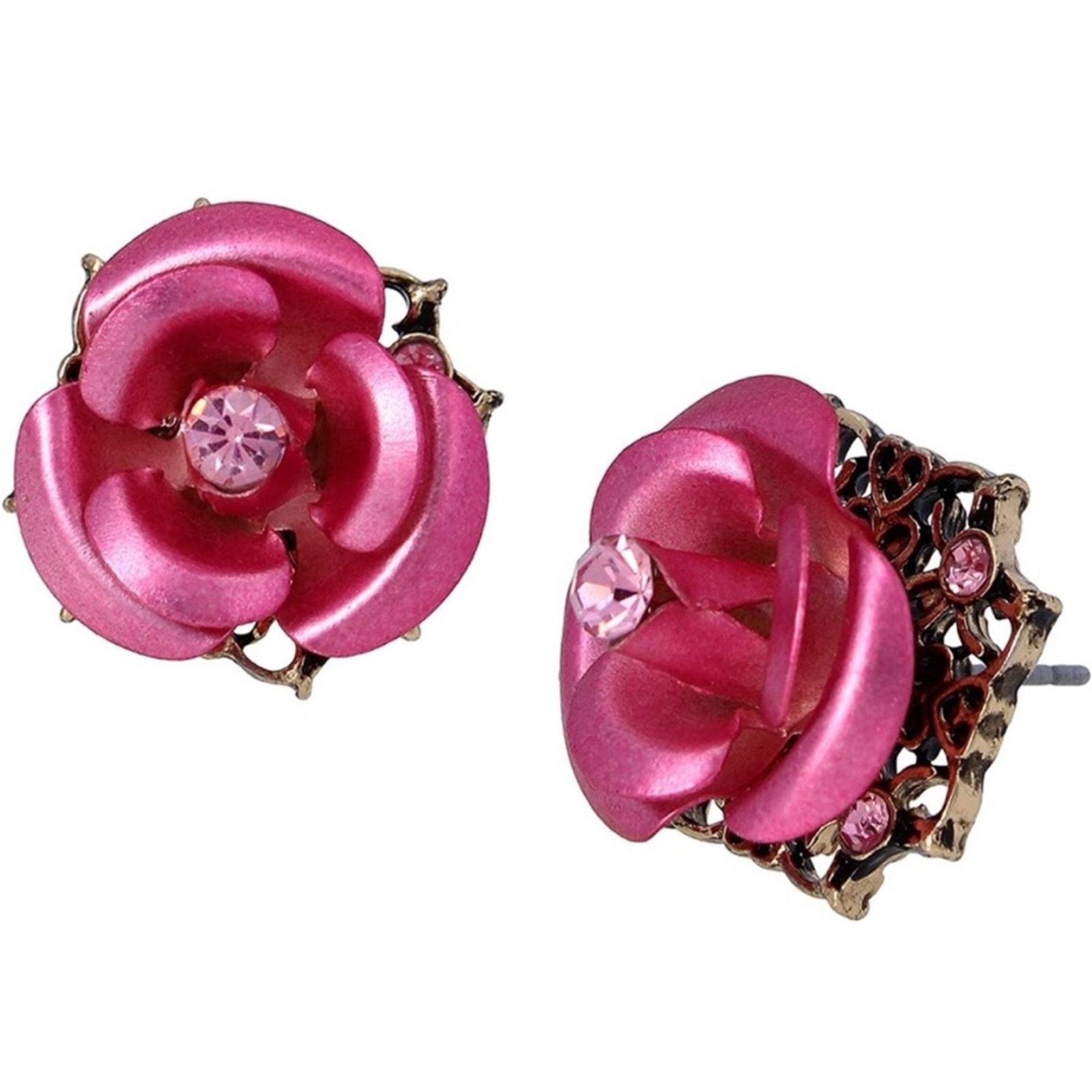 Betsey Johnson BETSEY JOHNSON • Pink/Gold Rose Rhinestone Stud Earrings Size ONE SIZE - 9 Thumbnail