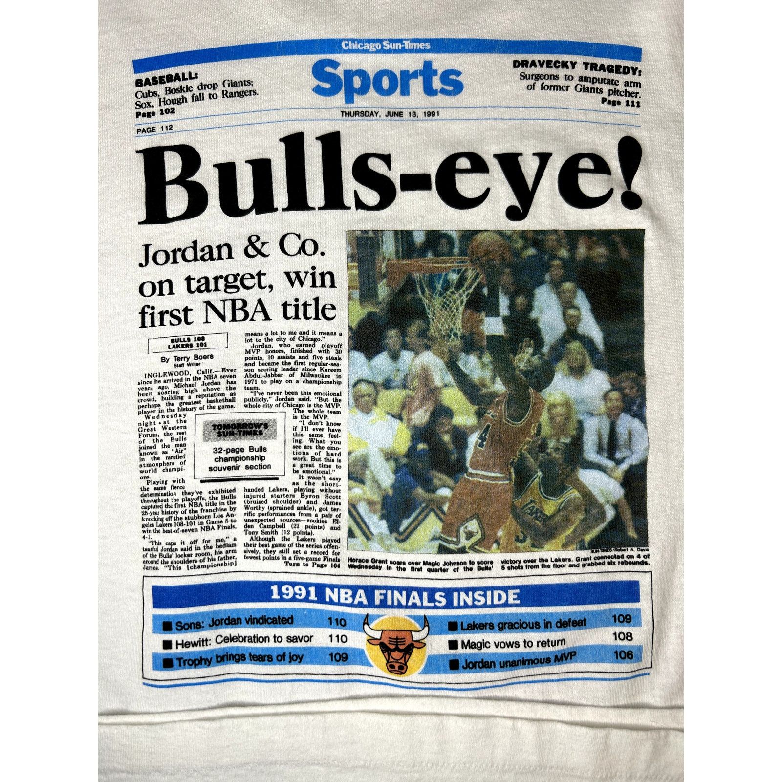 NBA 1991 NBA Chicago Bulls Michael Jordan Newspaper Print Shirt Size US L / EU 52-54 / 3 - 12 Thumbnail
