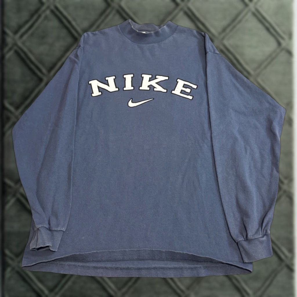 Nike VINTAGE Nike Spell Out Swoosh Mock Neck Shirt M Light Blue 90s Mens Size US M / EU 48-50 / 2 - 1 Thumbnail