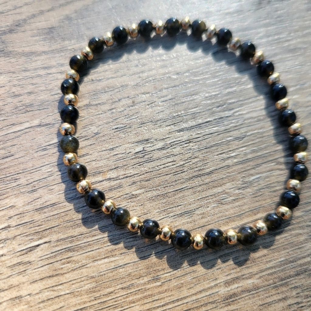 Handmade Natural Gemstone Golden Obsidian 4mm Dainty Beaded Bracelet Size ONE SIZE - 4 Thumbnail