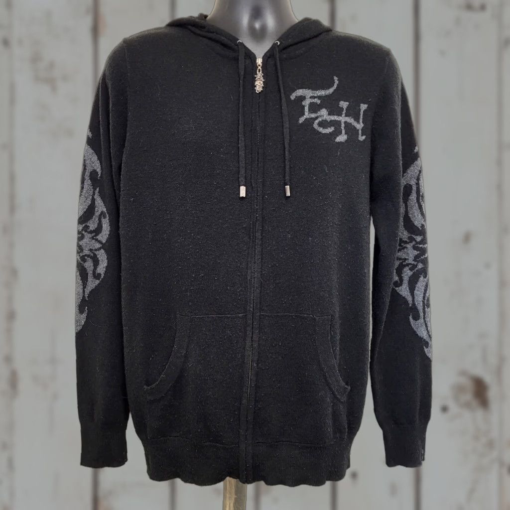 Ed Hardy Ed Hardy x Christian Audigier Men L Hoodie ZipUp Full Zip Graphic Print Skull Logo Black Knit 50% Cotton Blend Lambswool Alpaca Size US L / EU 52-54 / 3 - 1 Thumbnail