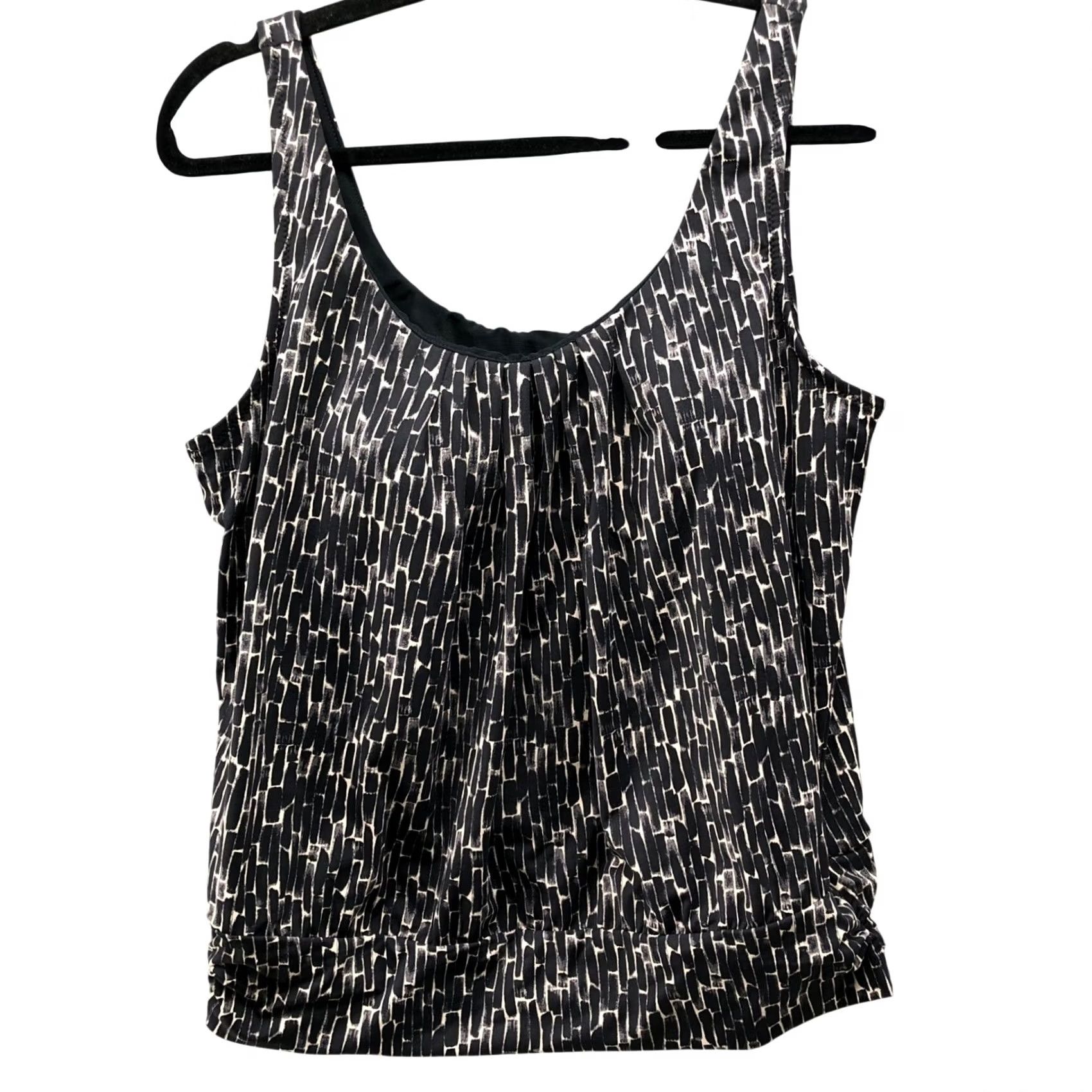 Vintage Garnet Hill Tankini Swim Top Womens 10 Black Beige Printed Padded Geometric Strap Wide Adjustable Built-In Bra Beach Art Size L / US 10 / IT 46 - 2 Thumbnail