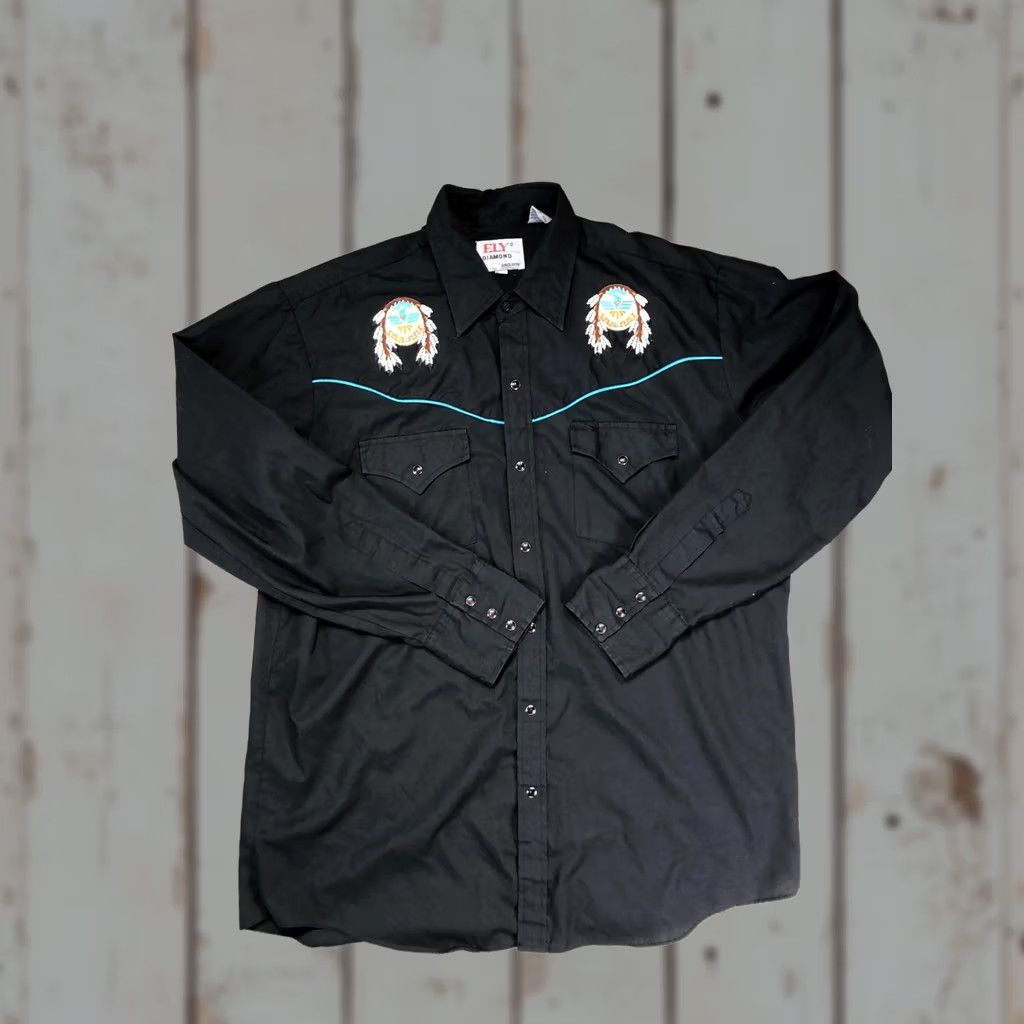 Vintage Ely Diamond Shirt Mens Large Black Western Pearl Snap Long Sleeve Thunderbird Size US L / EU 52-54 / 3 - 1 Thumbnail