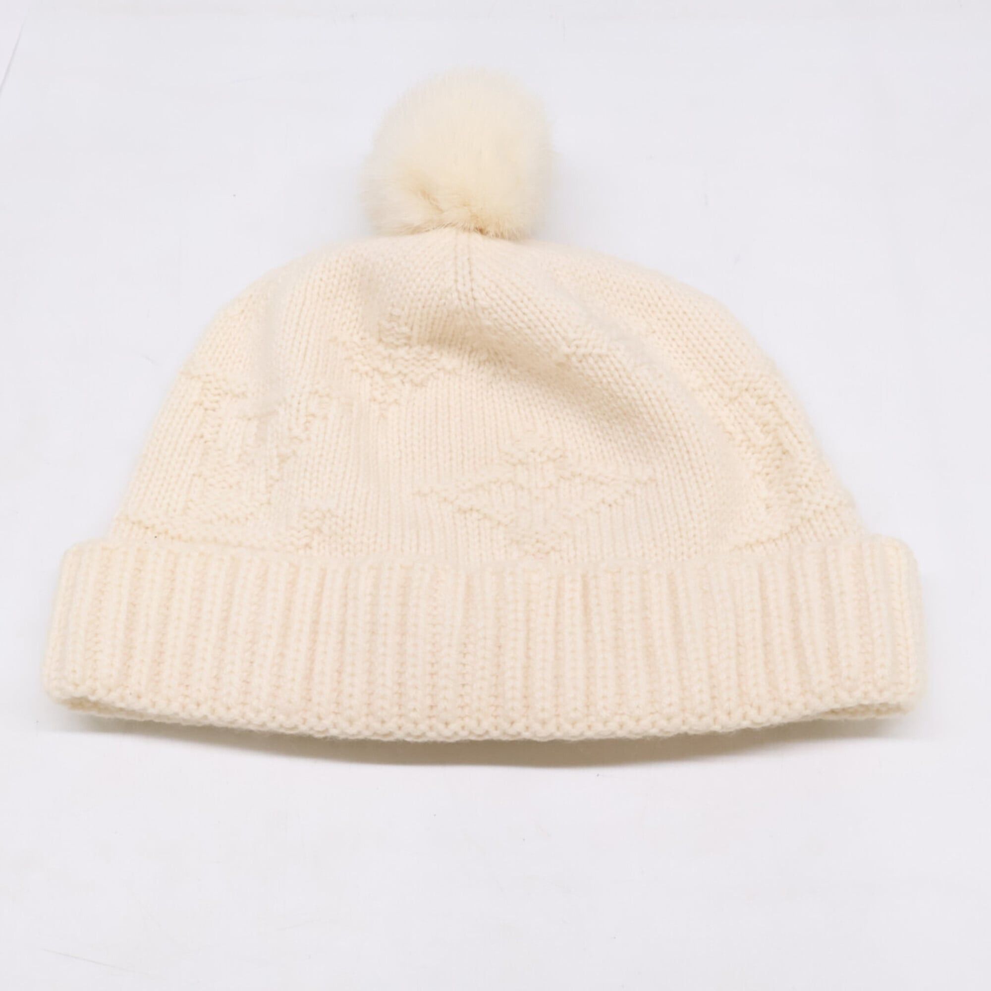 Louis Vuitton LOUIS VUITTON 401910 Logo Mink Fur Cashmere Knit Hat, Ivory, Women's Size ONE SIZE - 1 Thumbnail
