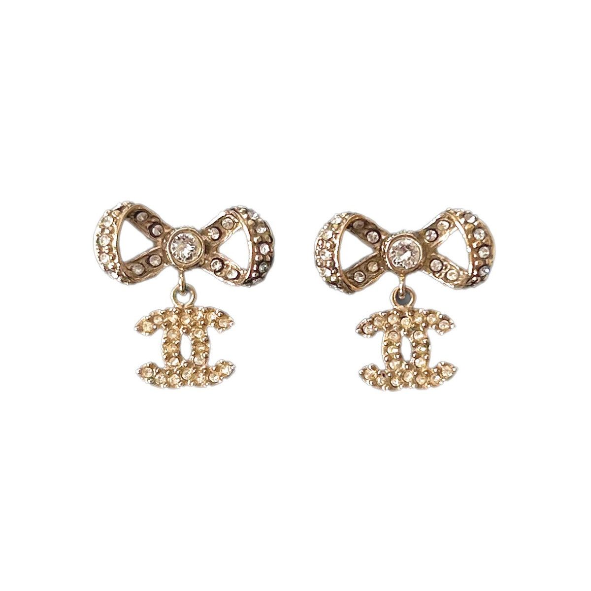 image of Gold Chanel Ribbon Bow Cc Crystal Earrings, Women's