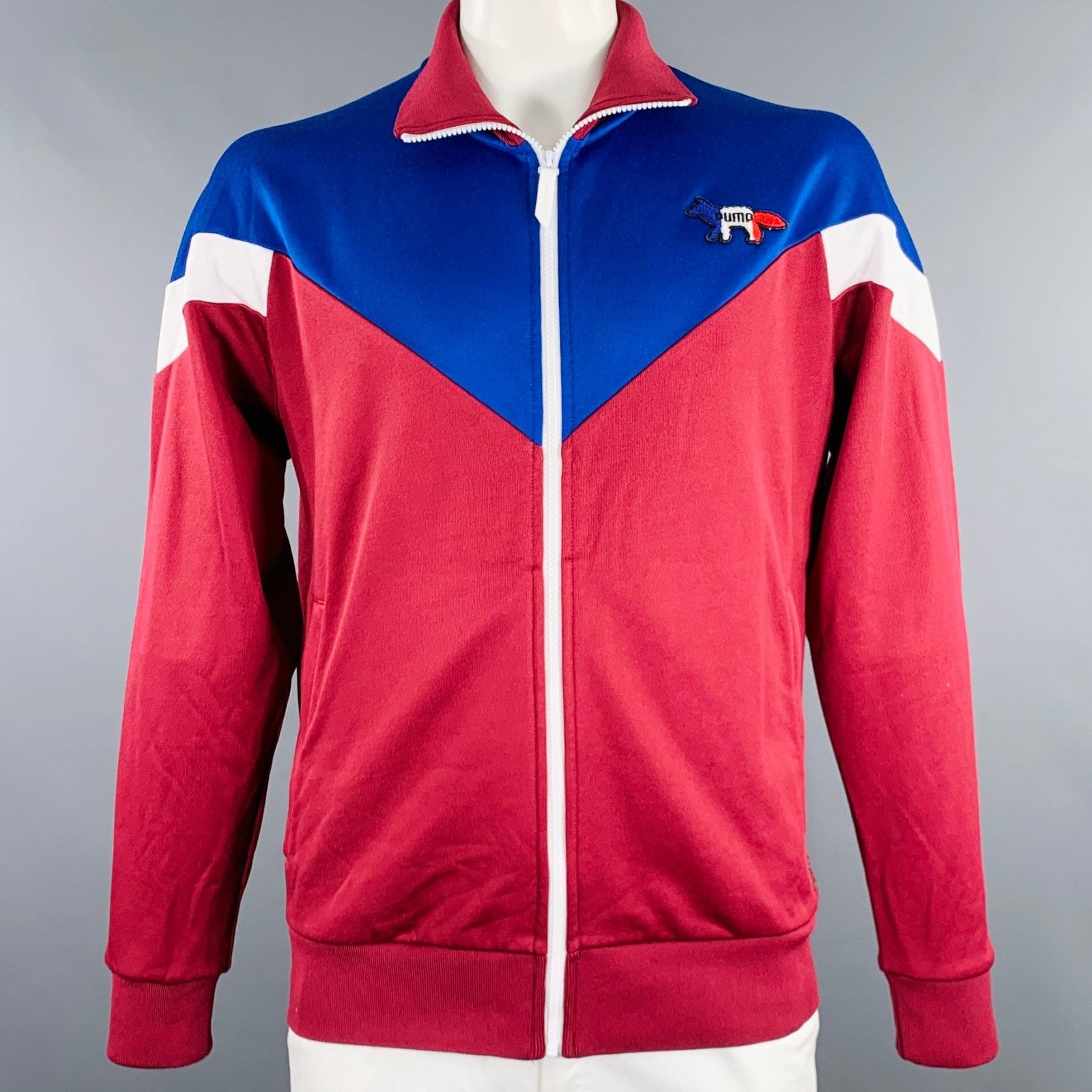 Maison Kitsune L Burgundy Blue White Color Block Track Jacket Size US L / EU 52-54 / 3 - 1 Thumbnail
